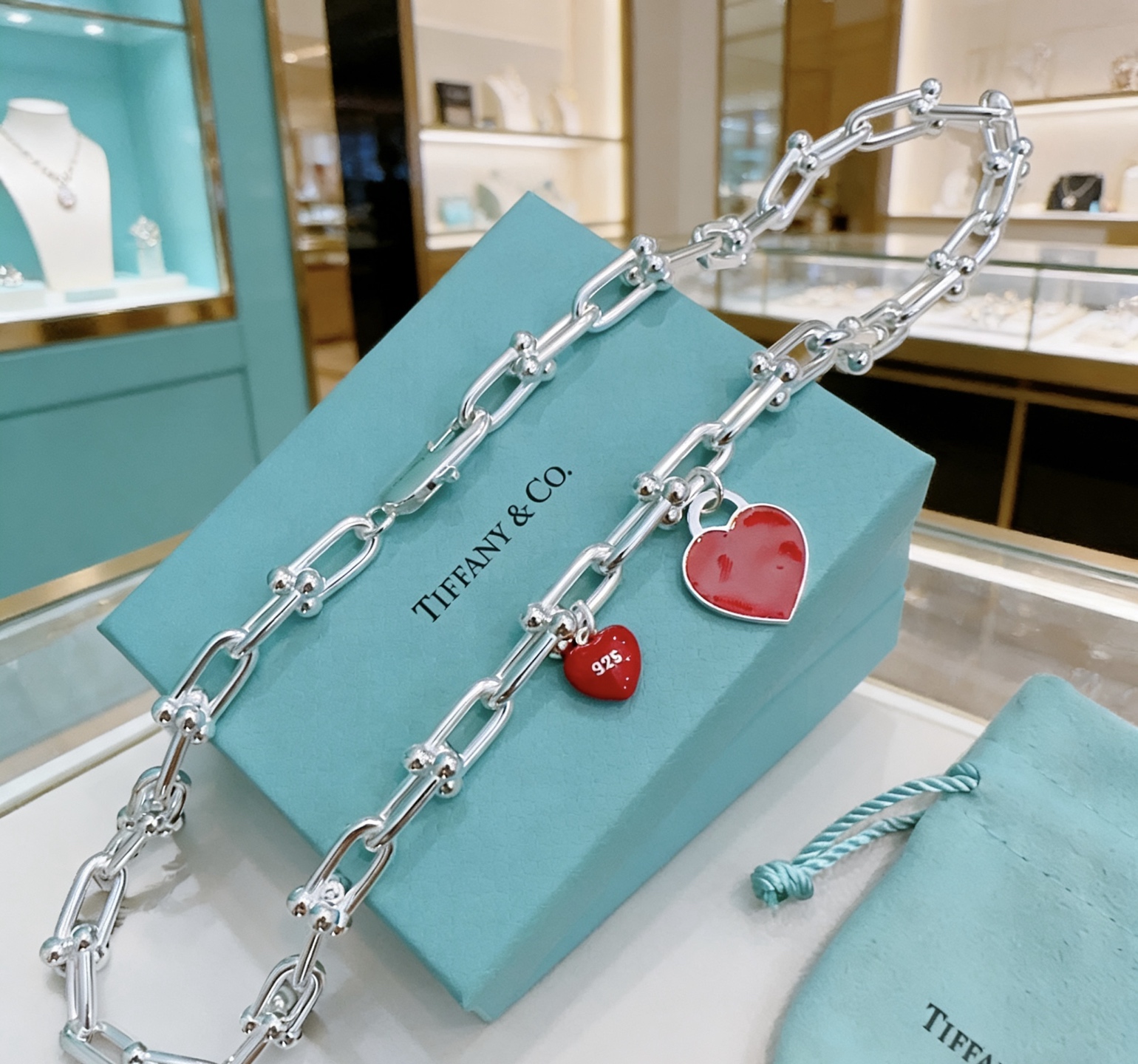 Tiffany Co Tiffany HardWear Red Enamel Heart Link Necklace necklace Sterling silver with red enamel heart charms 18 inches