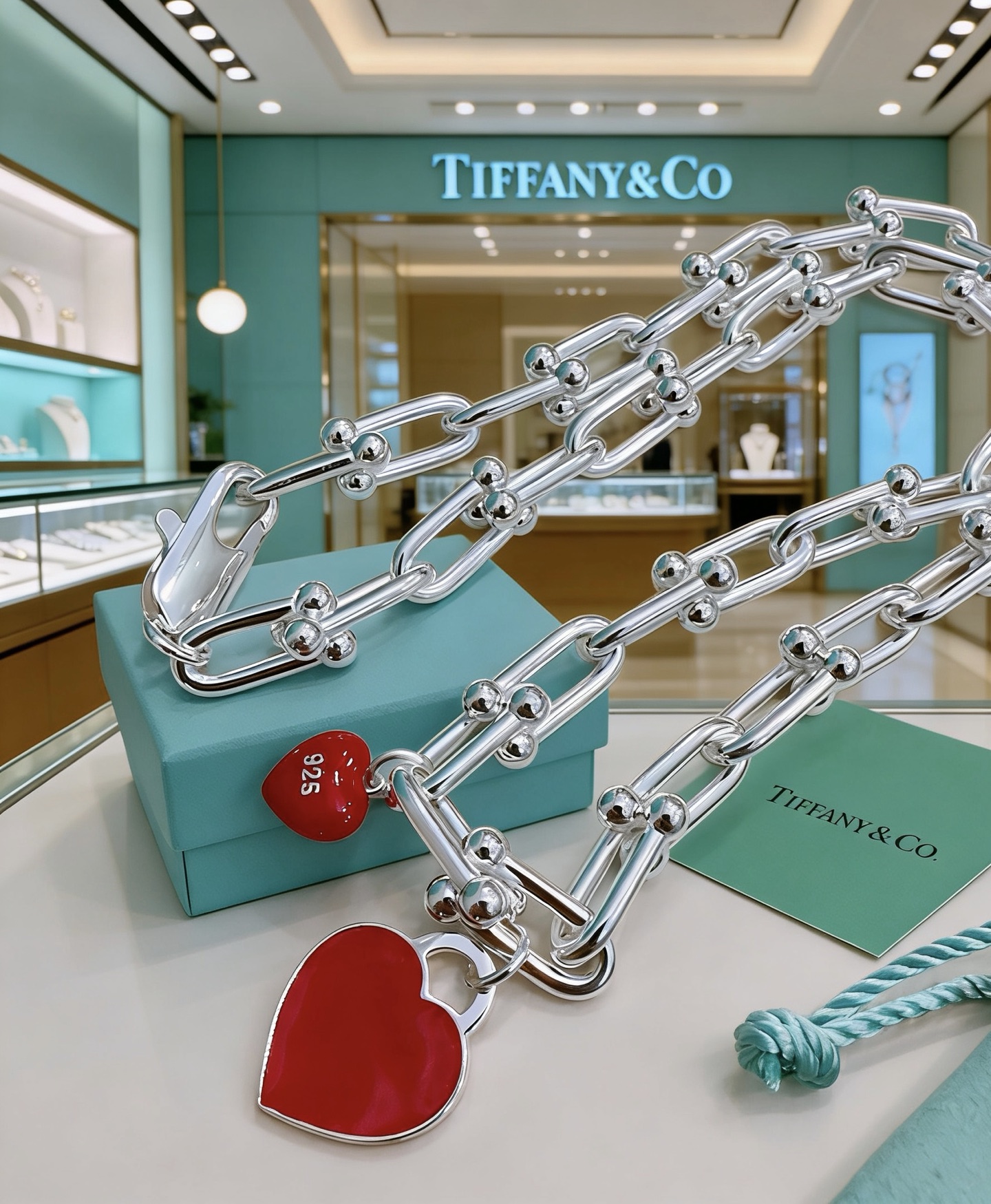 Tiffany Co Tiffany HardWear Red Enamel Heart Link Necklace necklace Sterling silver with red enamel heart charms 18 inches