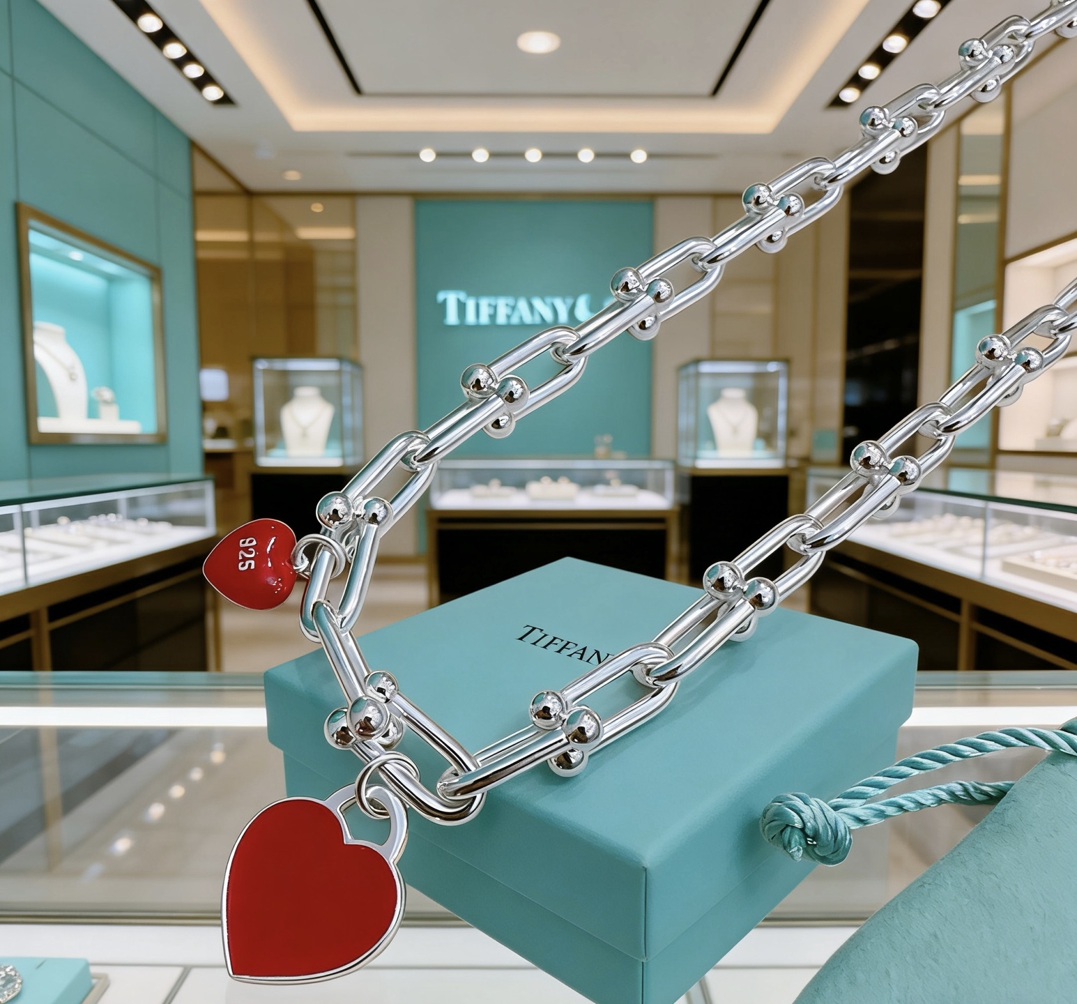 Tiffany Co Tiffany HardWear Red Enamel Heart Link Necklace necklace Sterling silver with red enamel heart charms 18 inches