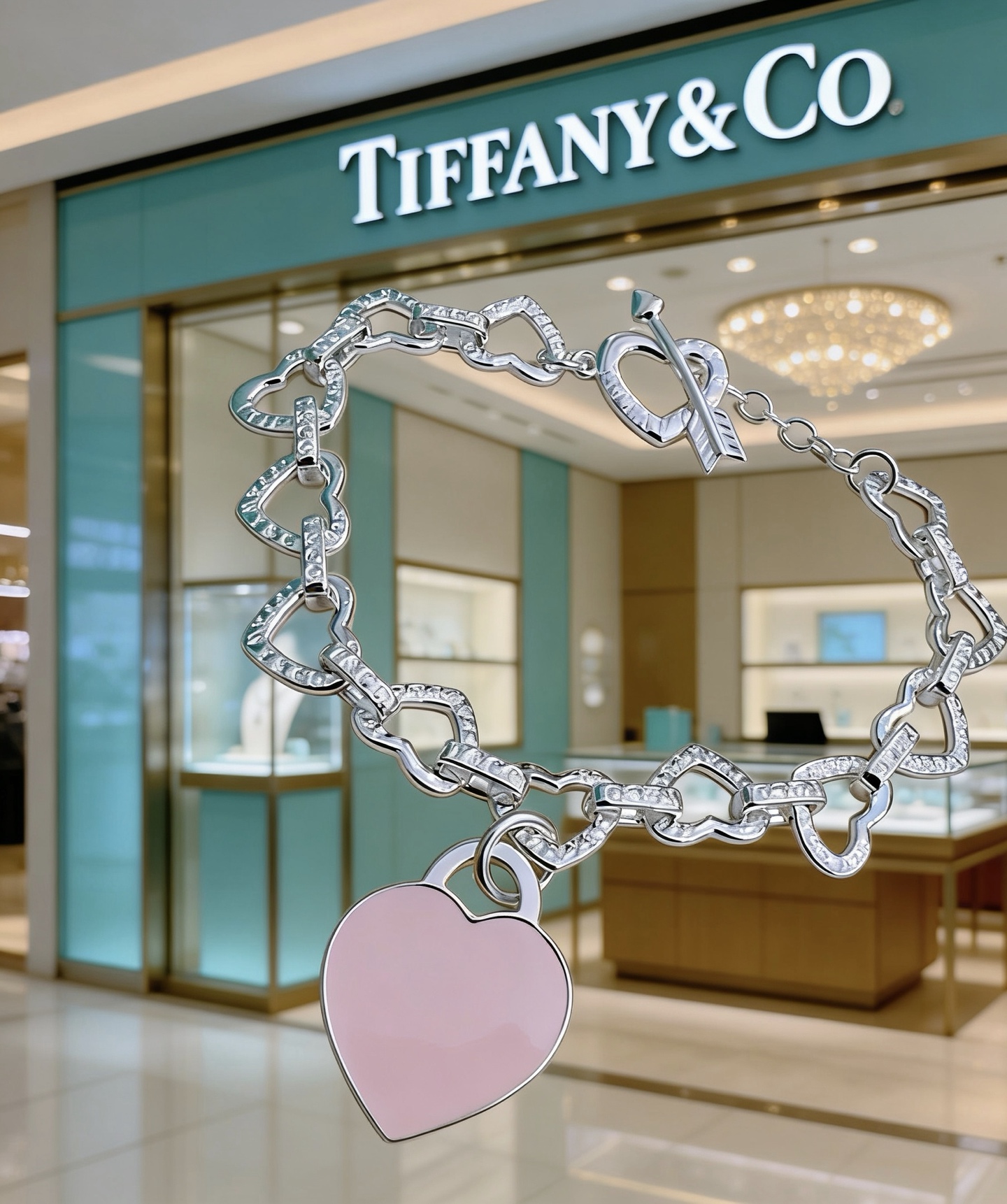 Tiffany Co Heart Link Toggle Bracelet with Pink Enamel Heart Tag bracelet silver-toned metal with clear pave accents and pink enamel heart charm 7 inches