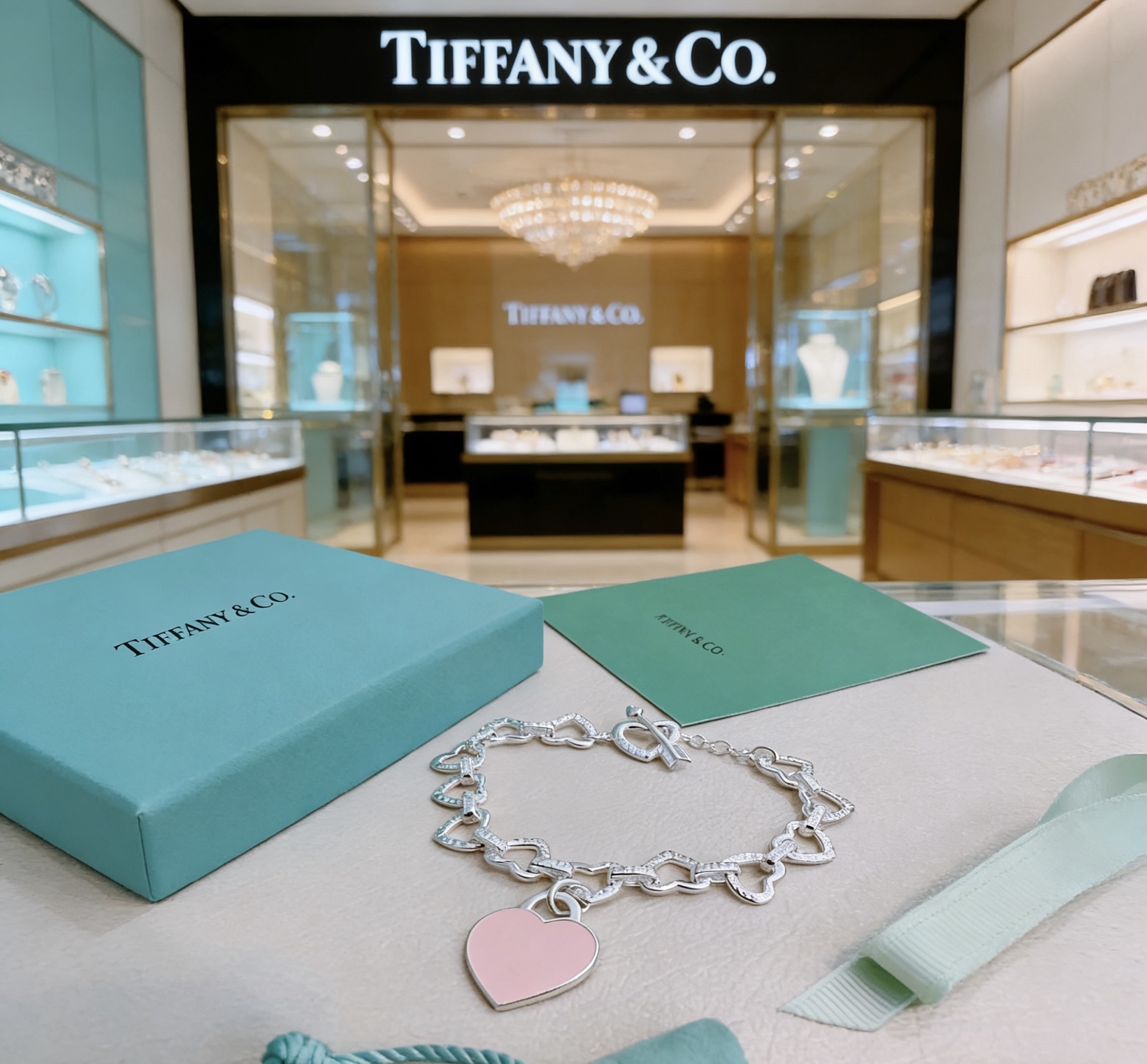 Tiffany Co Heart Link Toggle Bracelet with Pink Enamel Heart Tag bracelet silver-toned metal with clear pave accents and pink enamel heart charm 7 inches