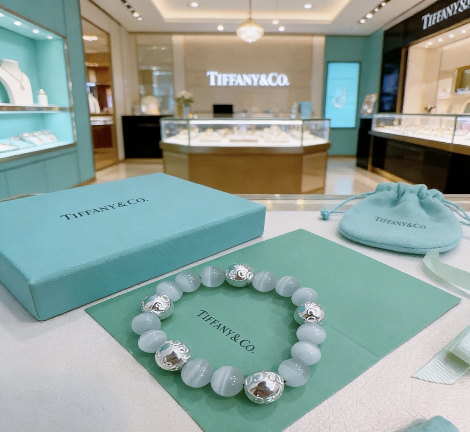 Tiffany Co Tiffany HardWear Bead Bracelet bracelet Sterling silver with pale blue cat s eye beads 18cm