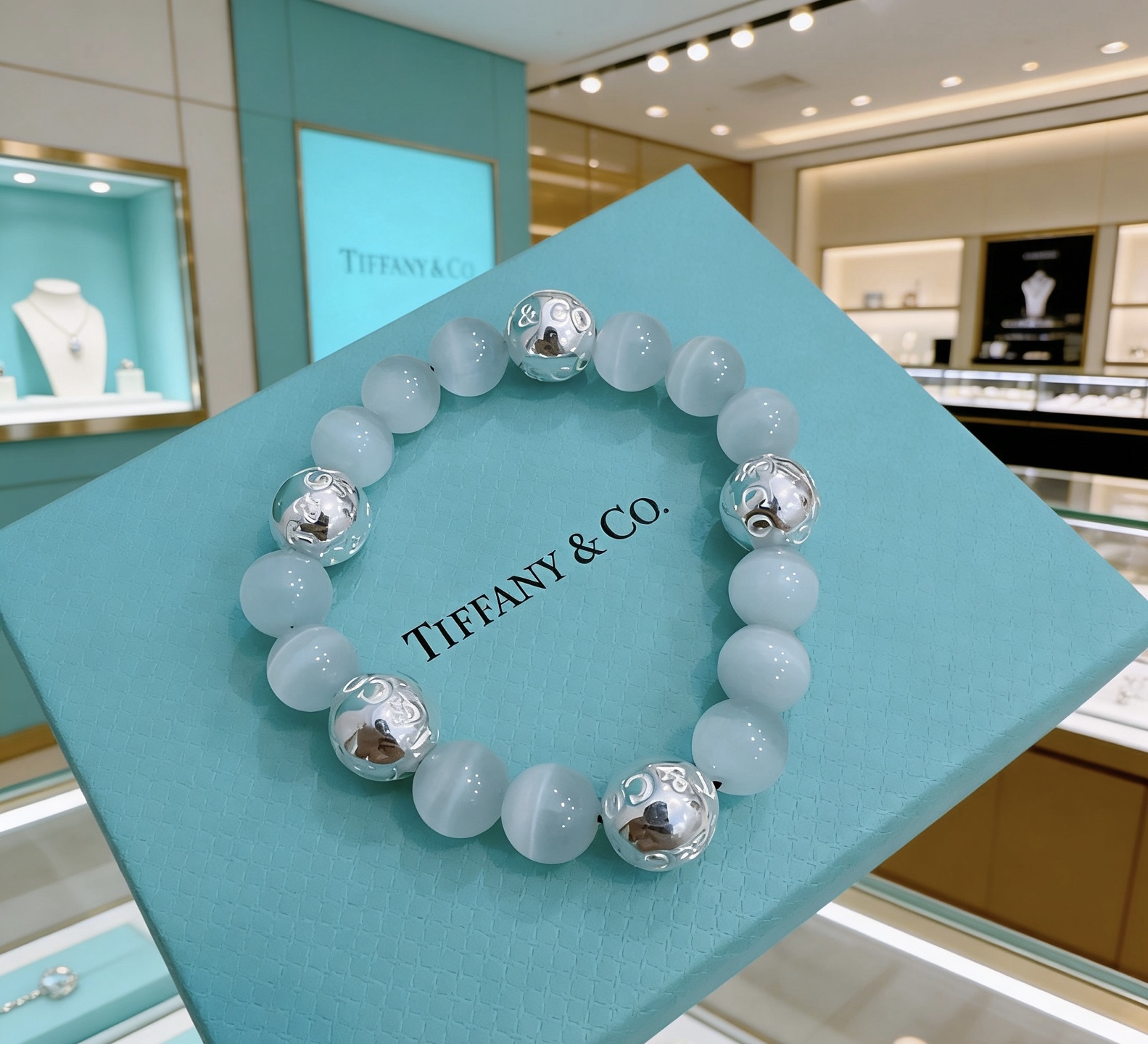Tiffany Co Tiffany HardWear Bead Bracelet bracelet Sterling silver with pale blue cat s eye beads 18cm