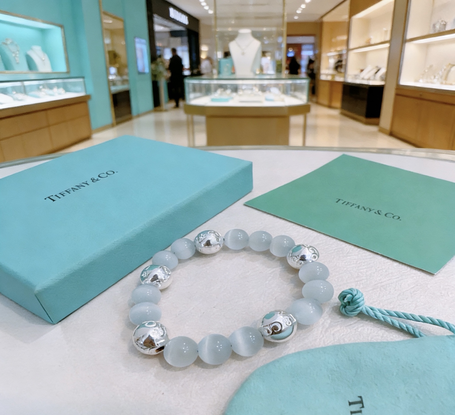 Tiffany Co Tiffany HardWear Bead Bracelet bracelet Sterling silver with pale blue cat s eye beads 18cm