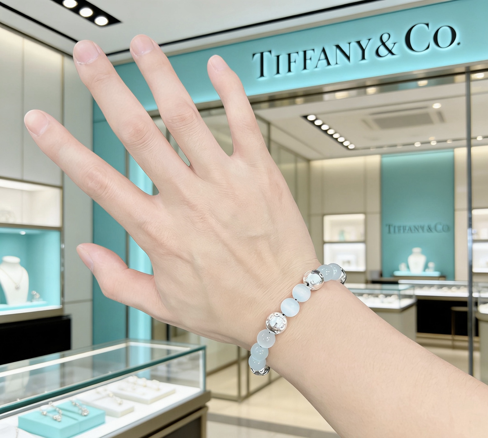 Tiffany Co Tiffany HardWear Bead Bracelet bracelet Sterling silver with pale blue cat s eye beads 18cm