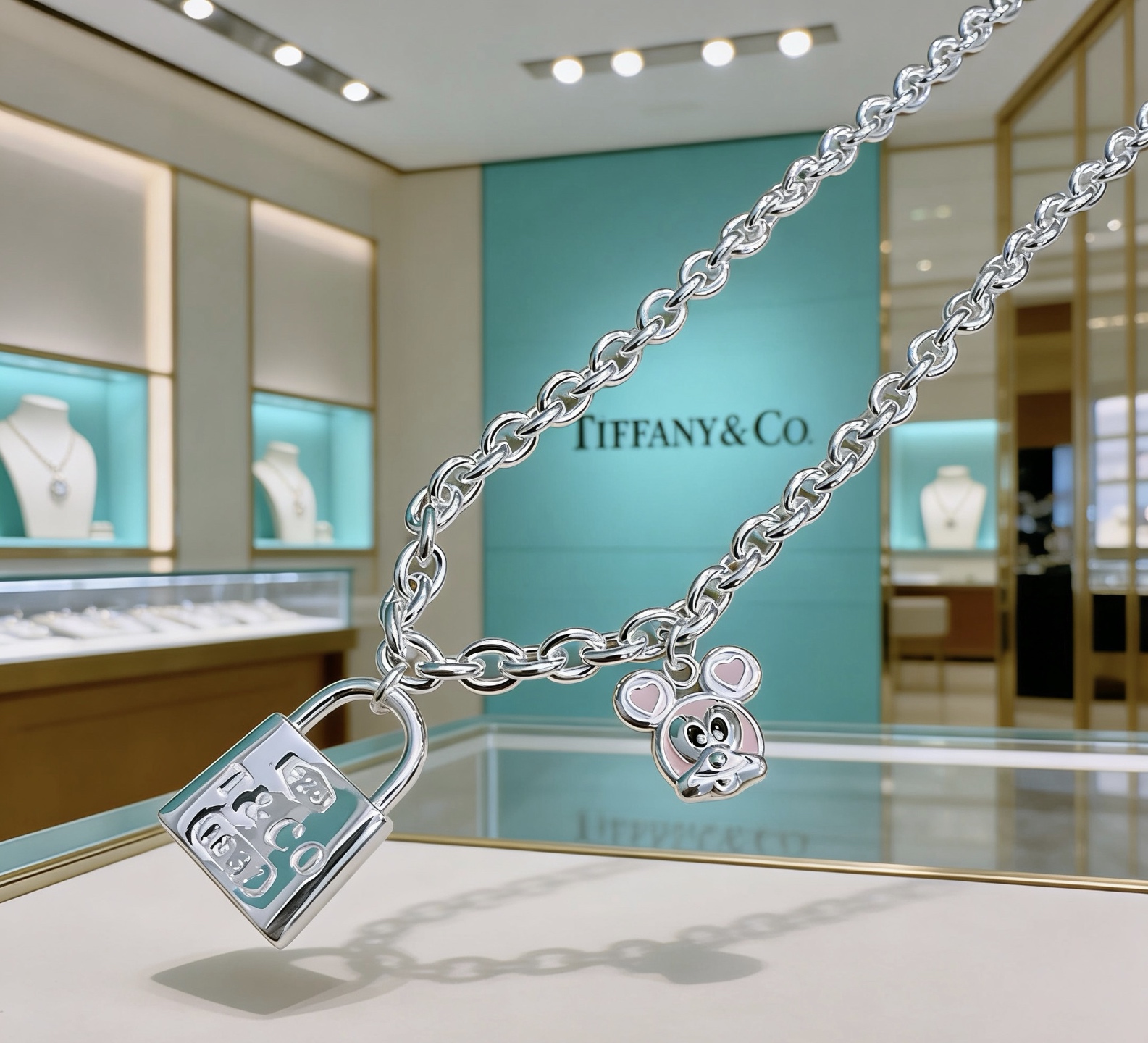 Tiffany Co 1837 Padlock Charm necklace Sterling silver with pink enamel charm accents 18 inches