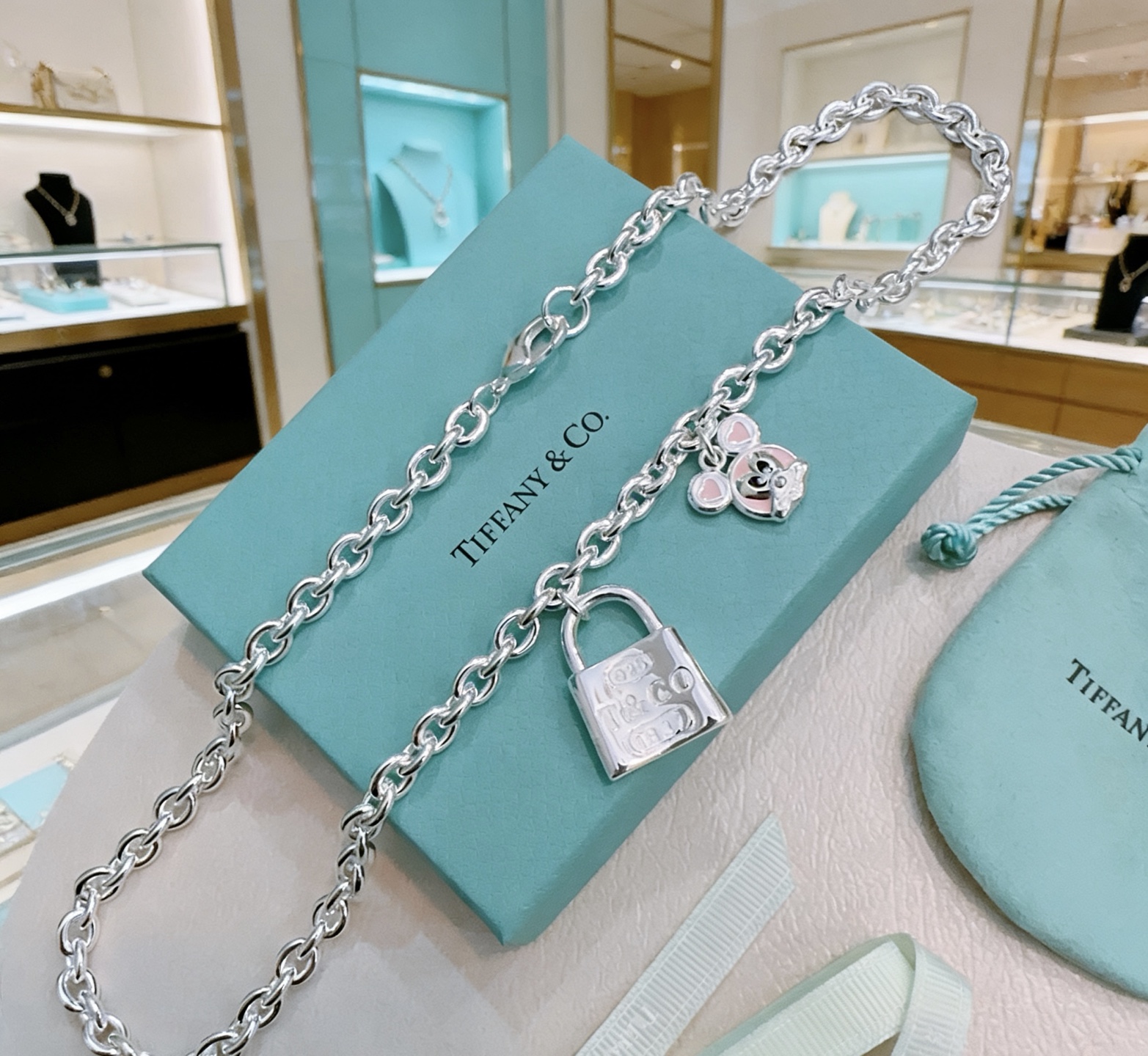 Tiffany Co 1837 Padlock Charm necklace Sterling silver with pink enamel charm accents 18 inches