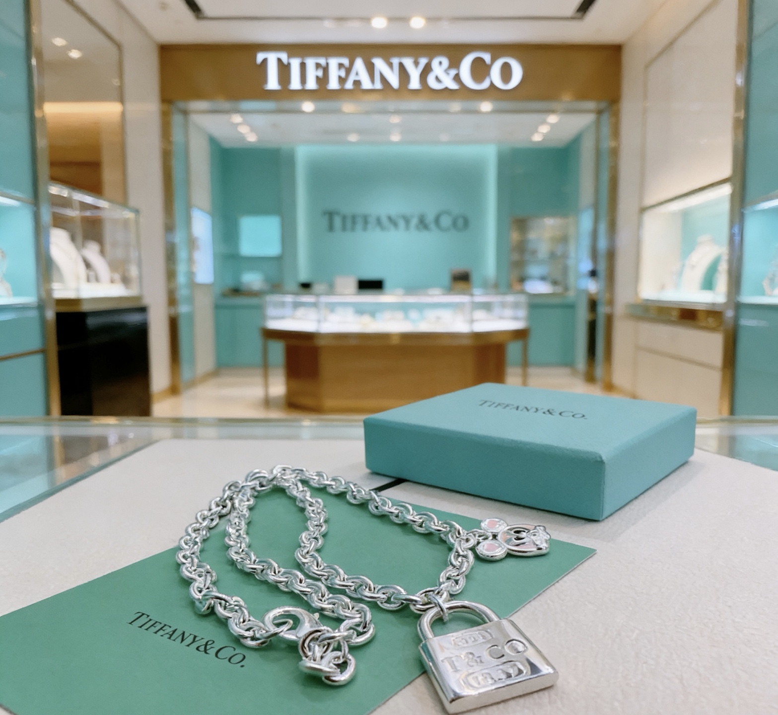 Tiffany Co 1837 Padlock Charm necklace Sterling silver with pink enamel charm accents 18 inches