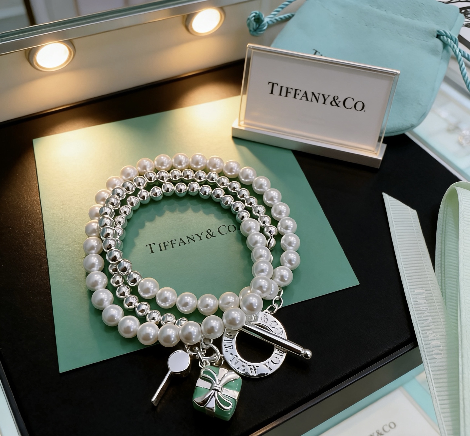 Tiffany Co Return to Tiffany Charm Wrap Bracelet bracelet Sterling silver white pearl Tiffany blue enamel 18cm