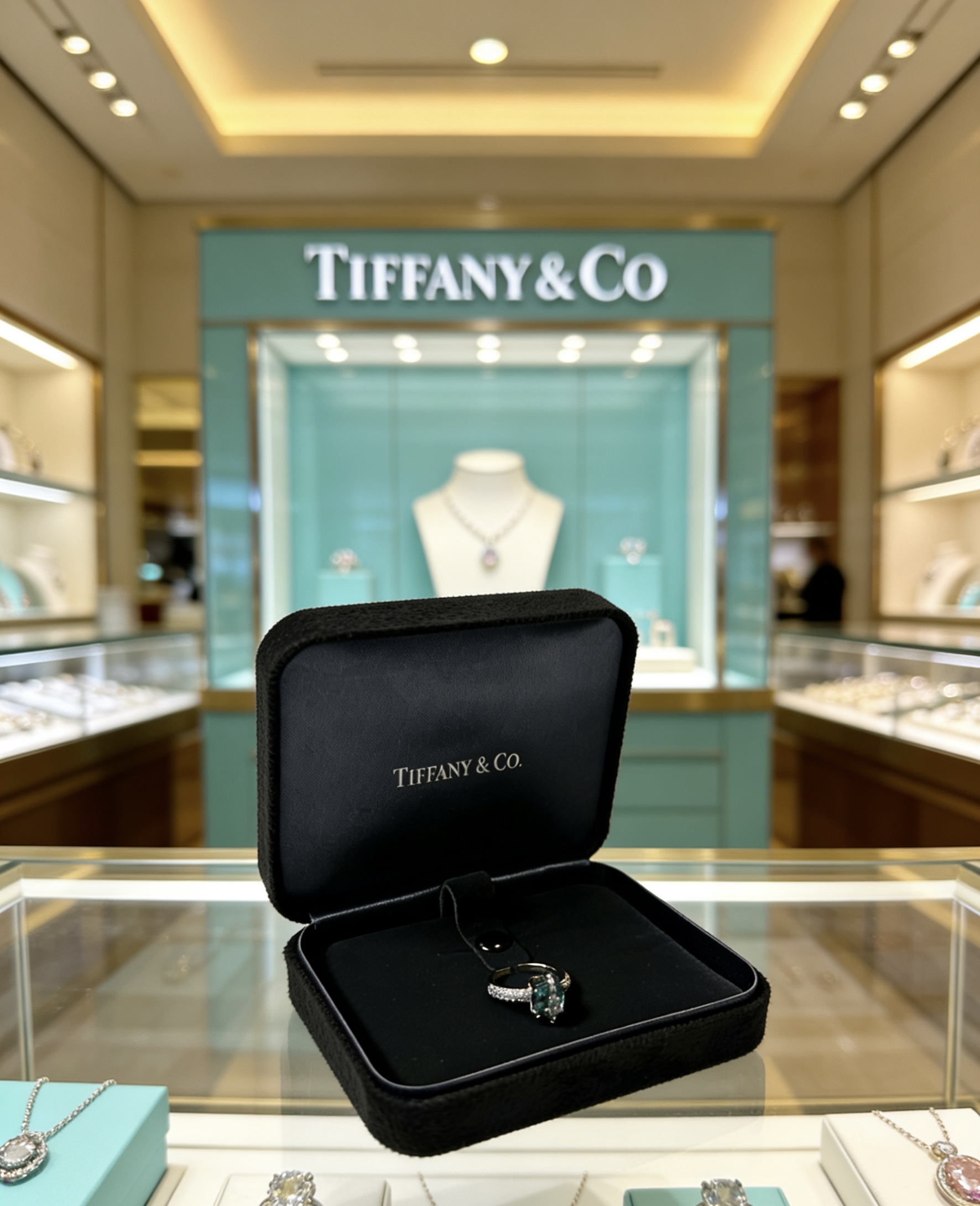 Tiffany Co ring silver-toned white metal with green gemstone and clear diamond accents adjustable open band