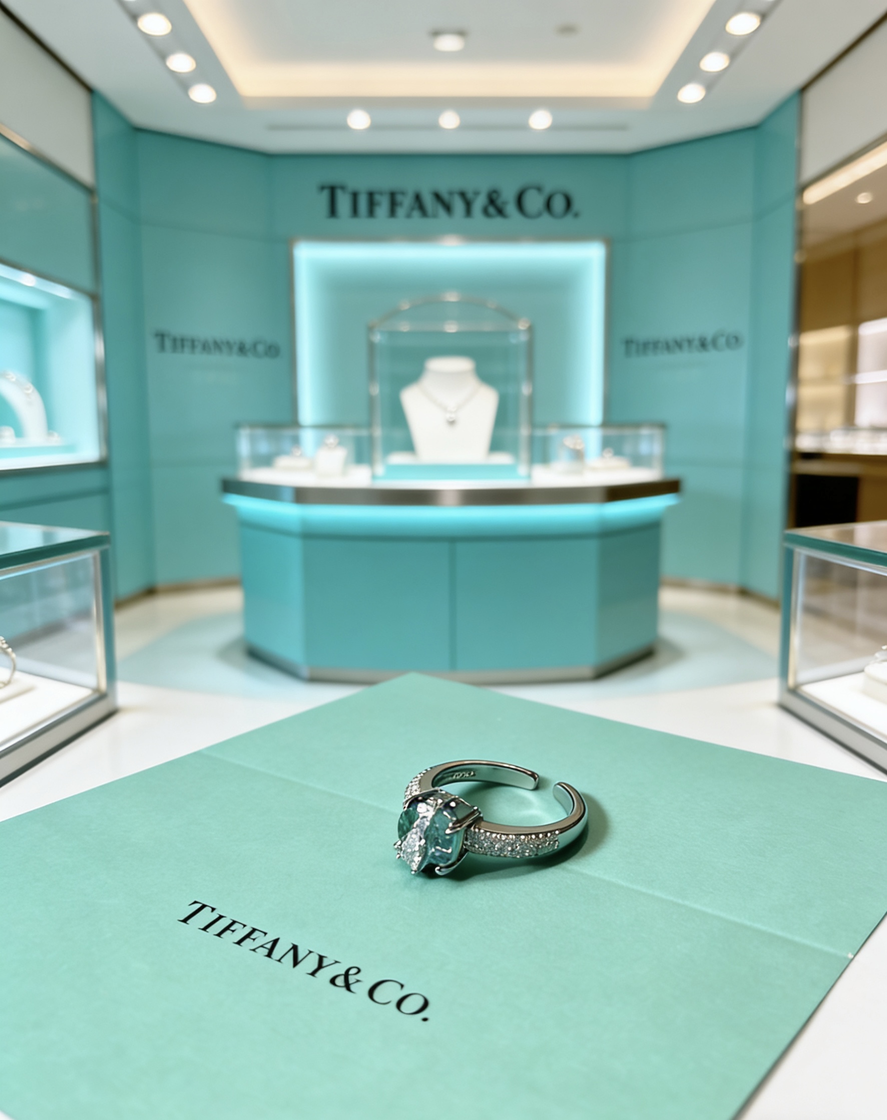 Tiffany Co ring silver-toned white metal with green gemstone and clear diamond accents adjustable open band