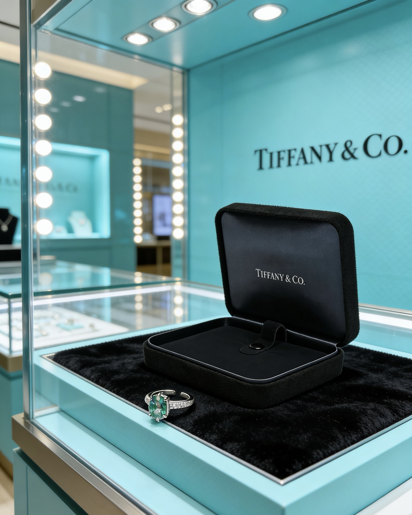 Tiffany Co ring silver-toned white metal with green gemstone and clear diamond accents adjustable open band