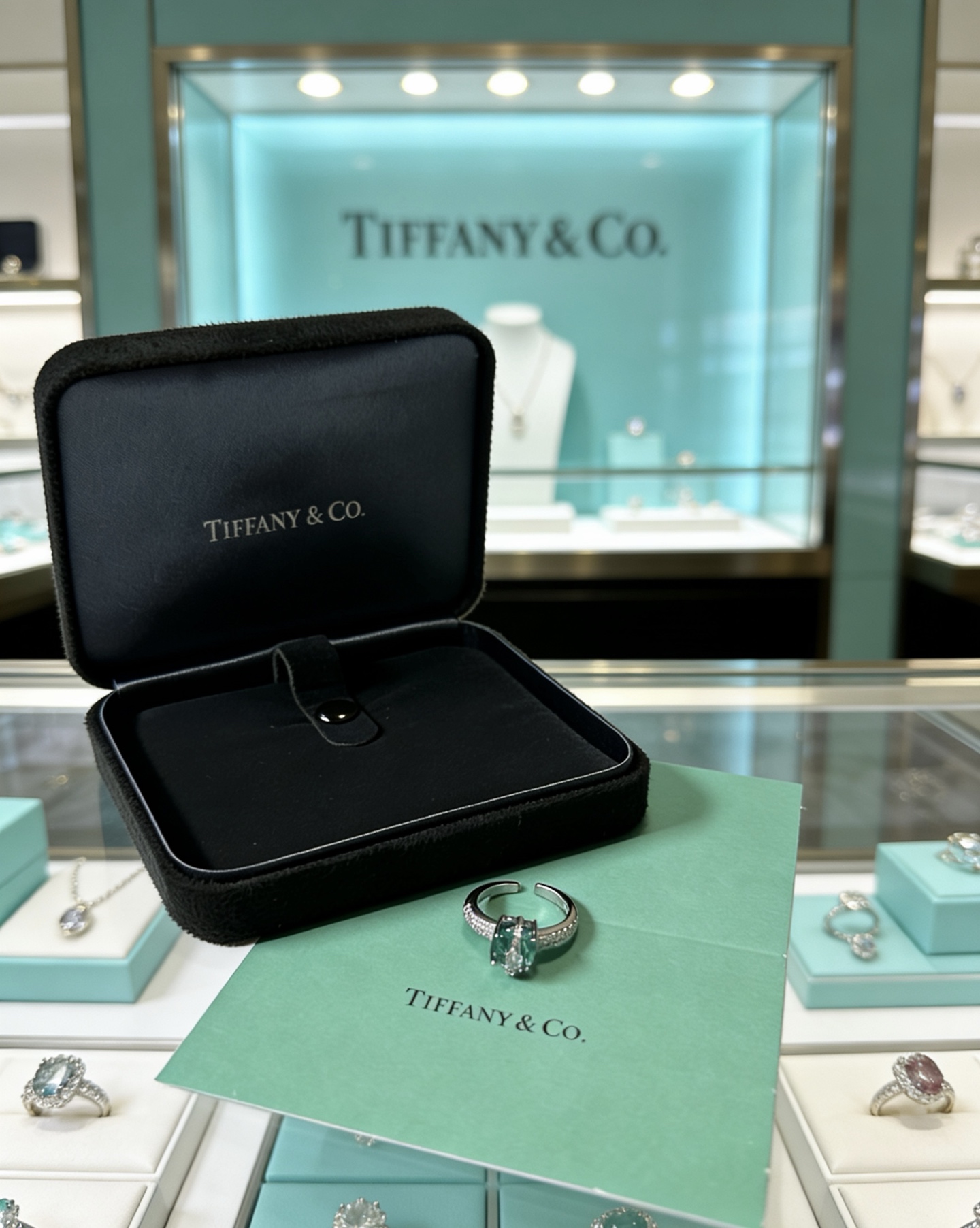 Tiffany Co ring silver-toned white metal with green gemstone and clear diamond accents adjustable open band