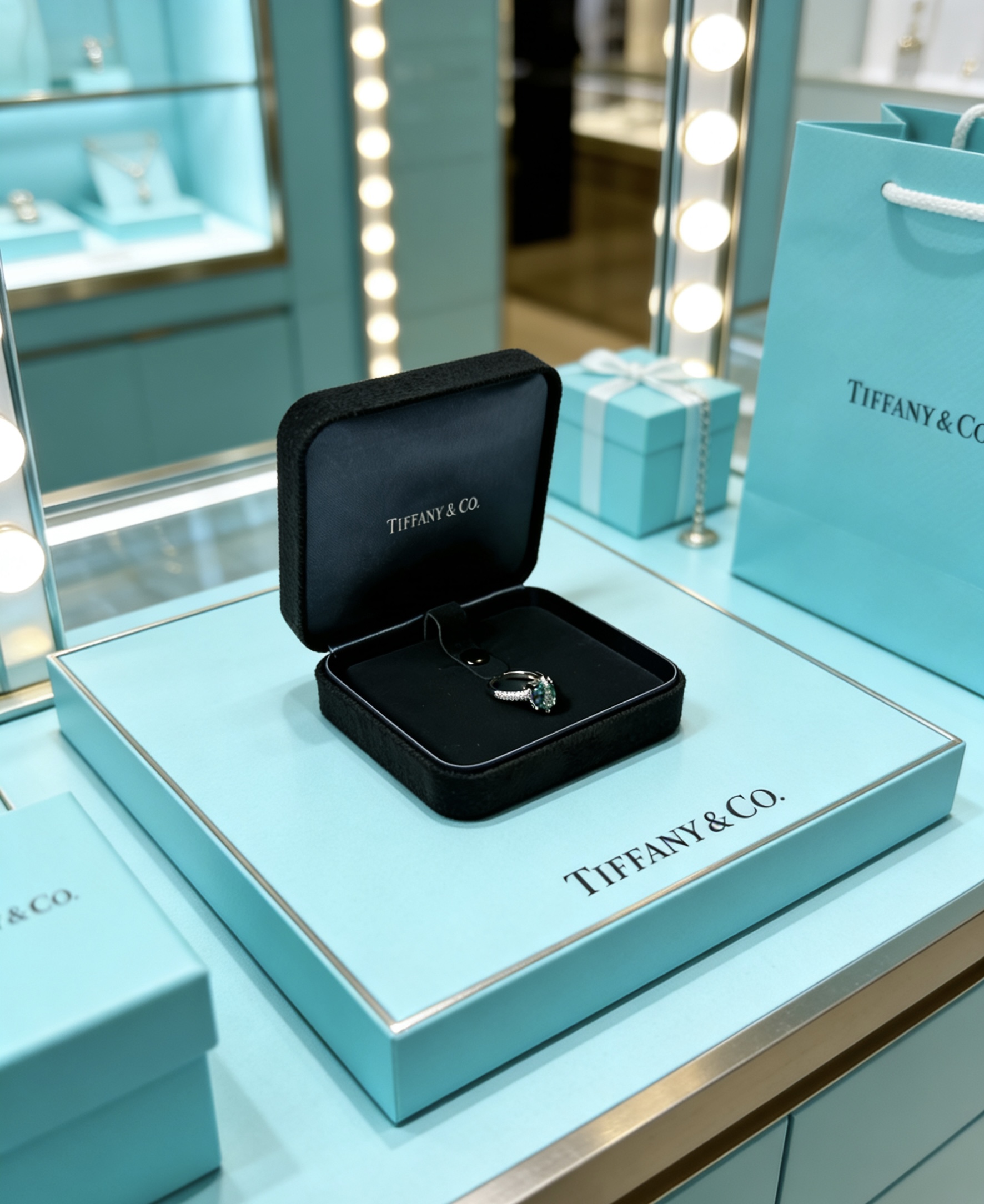 Tiffany Co ring silver-toned white metal with green gemstone and clear diamond accents adjustable open band