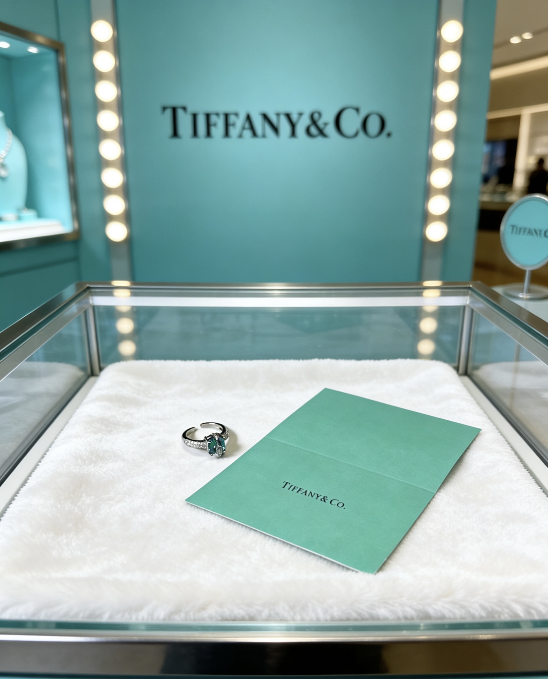 Tiffany Co ring silver-toned white metal with green gemstone and clear diamond accents adjustable open band