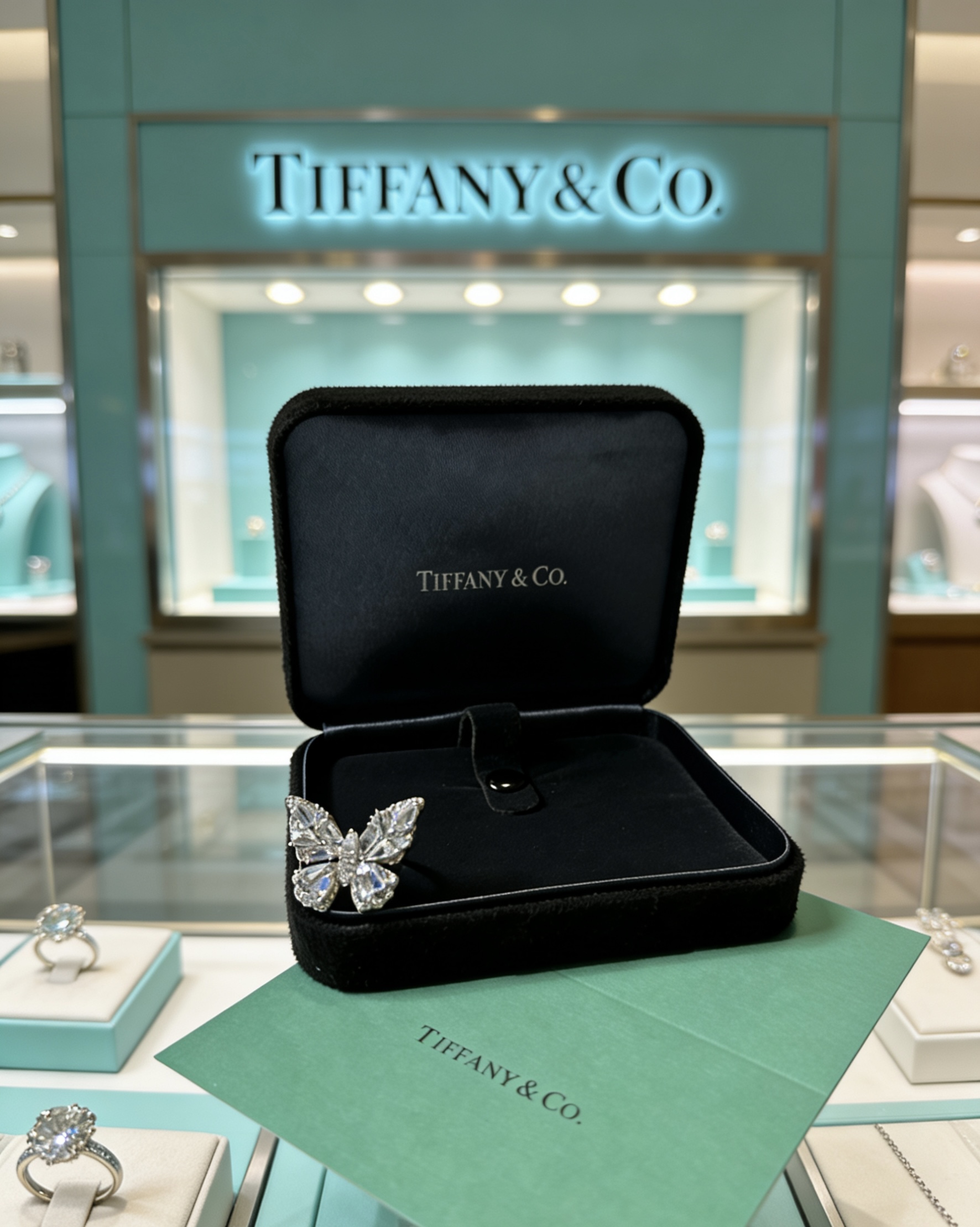 Tiffany Co Butterfly ring silver-toned metal with clear faceted gemstones US 7