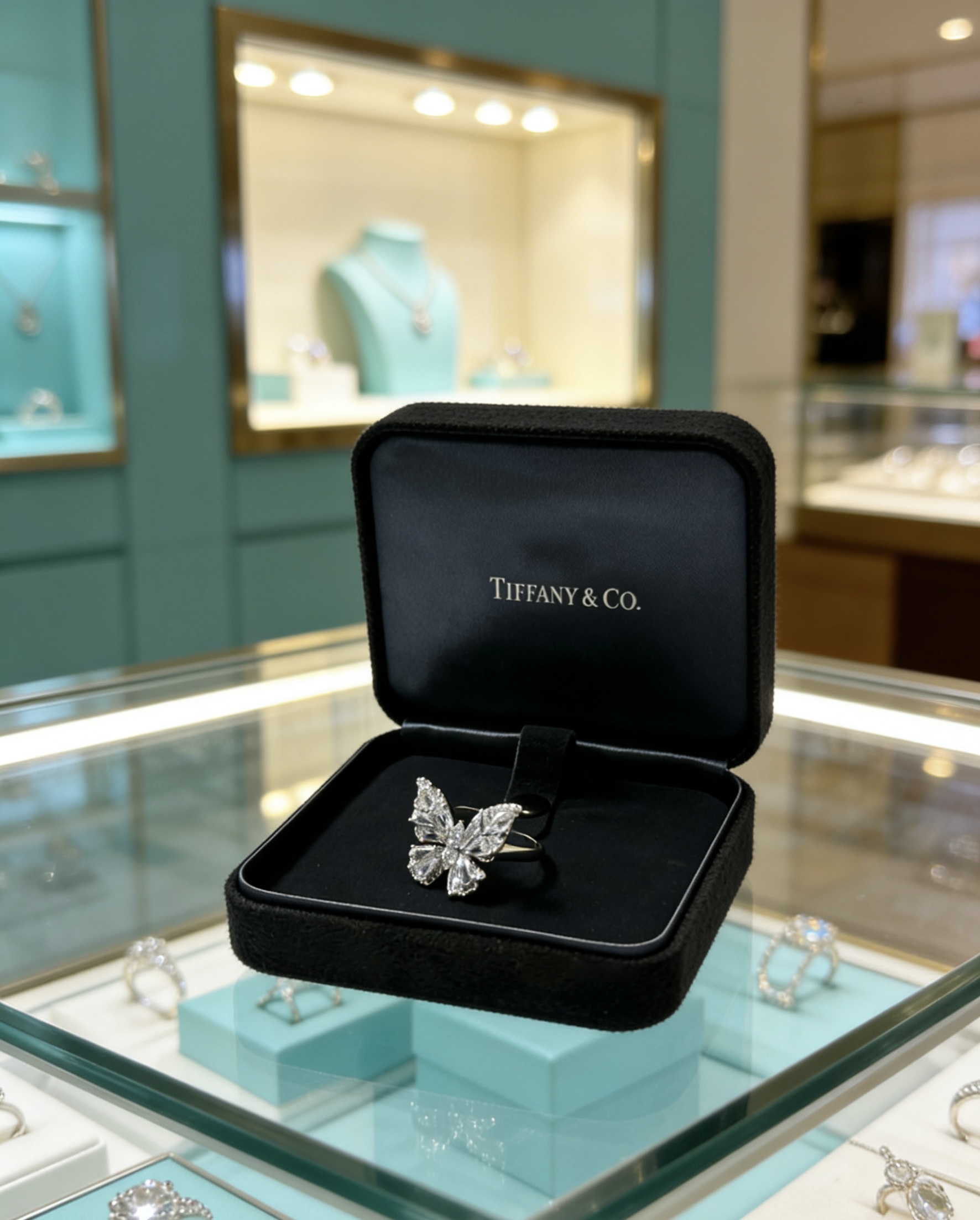 Tiffany Co Butterfly ring silver-toned metal with clear faceted gemstones US 7