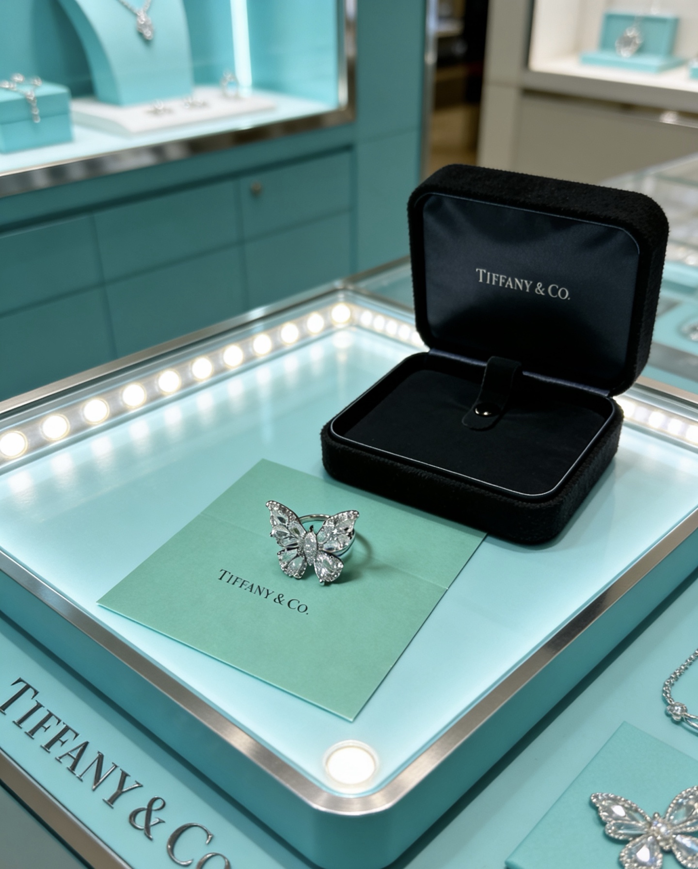 Tiffany Co Butterfly ring silver-toned metal with clear faceted gemstones US 7