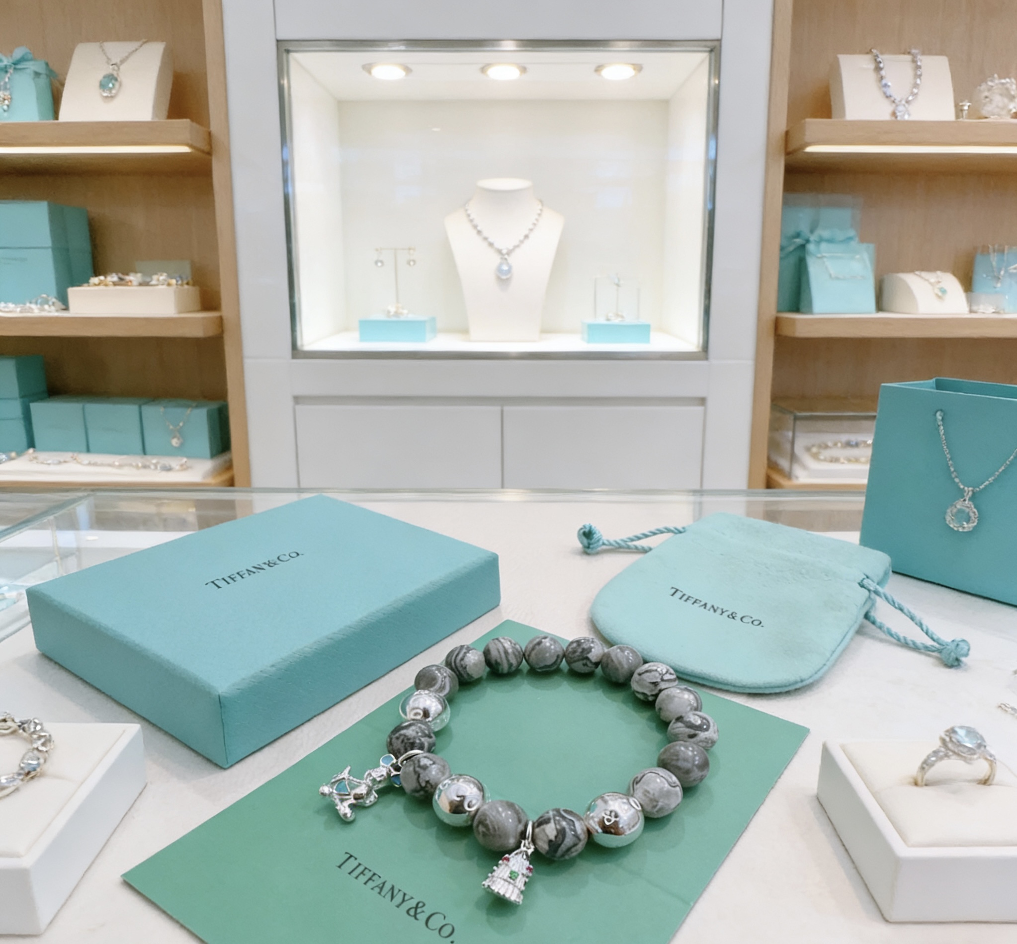 Tiffany Co Charm Bead Bracelet bracelet Sterling silver with grey patterned stone beads silver charms with red and green enamel accents 18cm