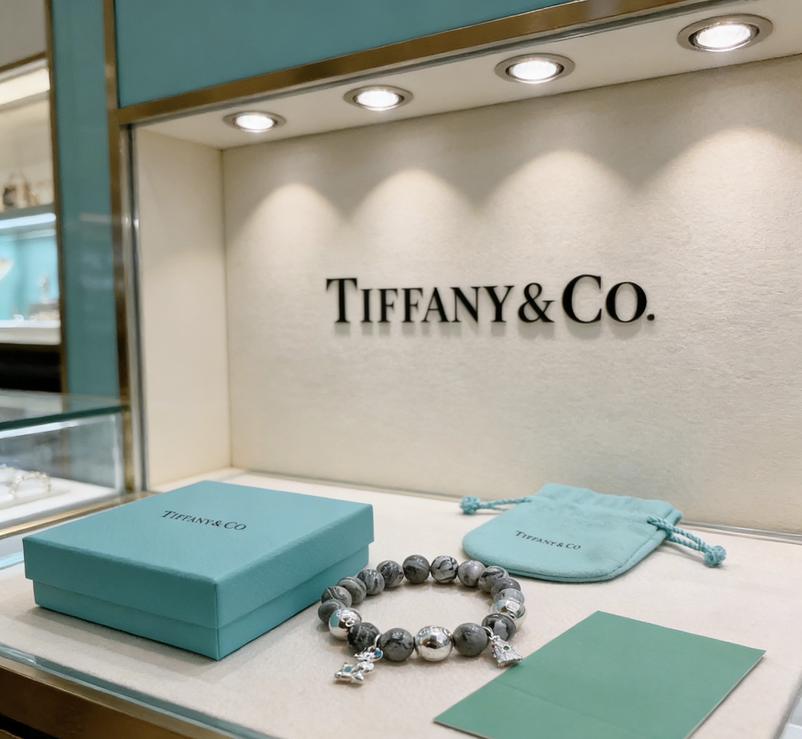 Tiffany Co Charm Bead Bracelet bracelet Sterling silver with grey patterned stone beads silver charms with red and green enamel accents 18cm