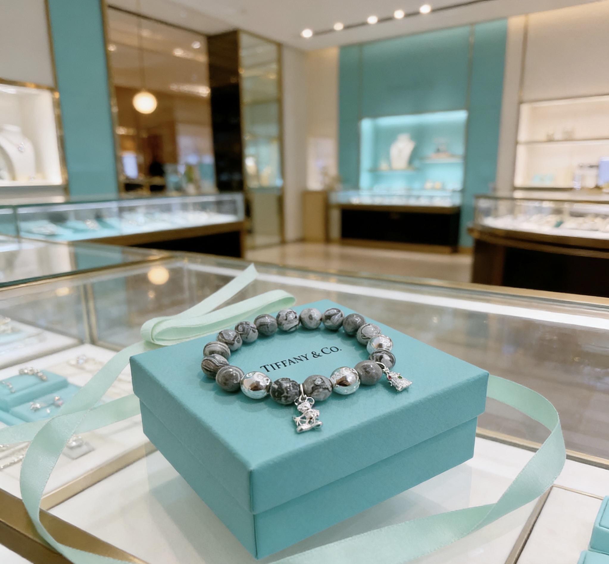 Tiffany Co Charm Bead Bracelet bracelet Sterling silver with grey patterned stone beads silver charms with red and green enamel accents 18cm