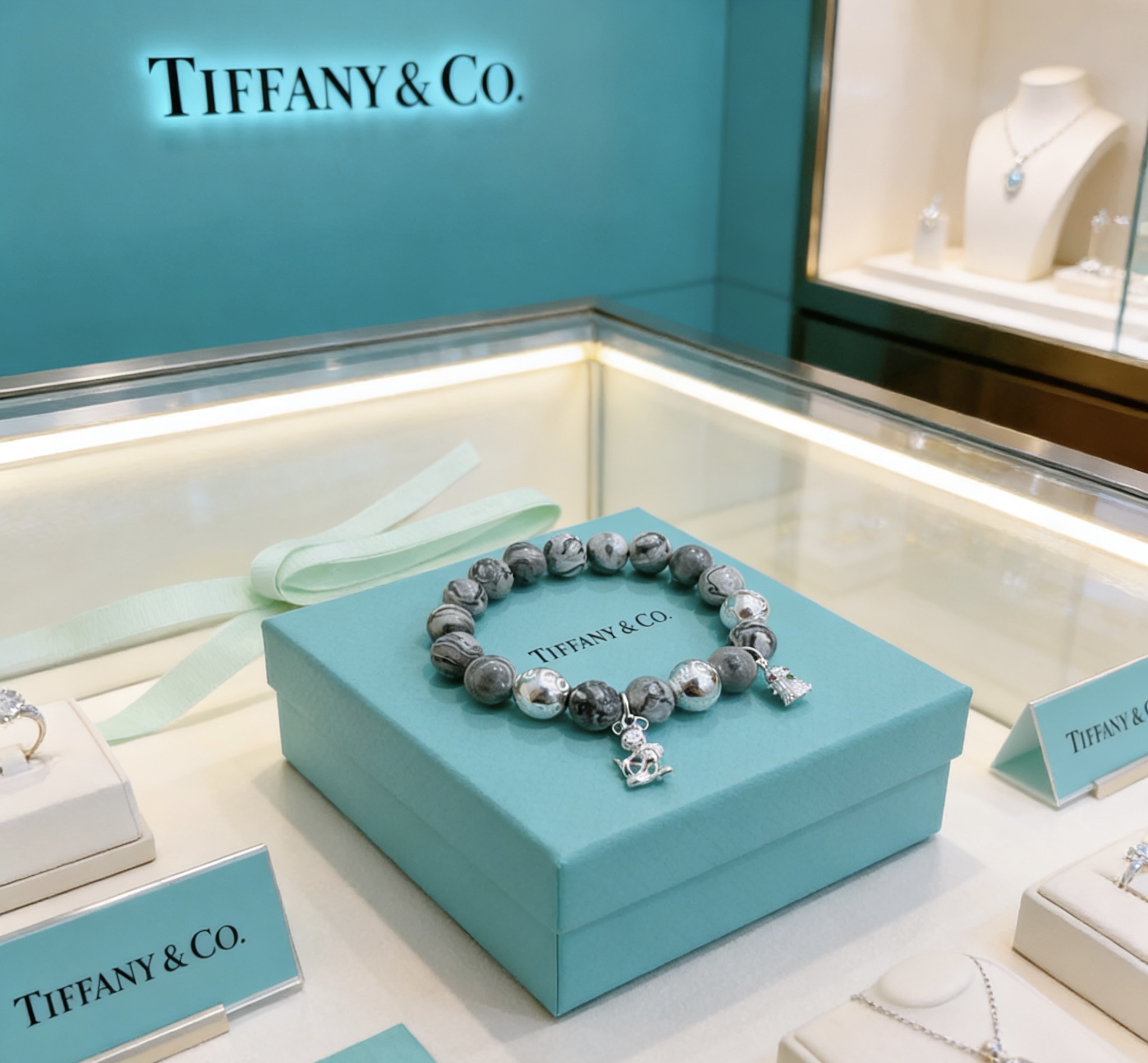 Tiffany Co Charm Bead Bracelet bracelet Sterling silver with grey patterned stone beads silver charms with red and green enamel accents 18cm