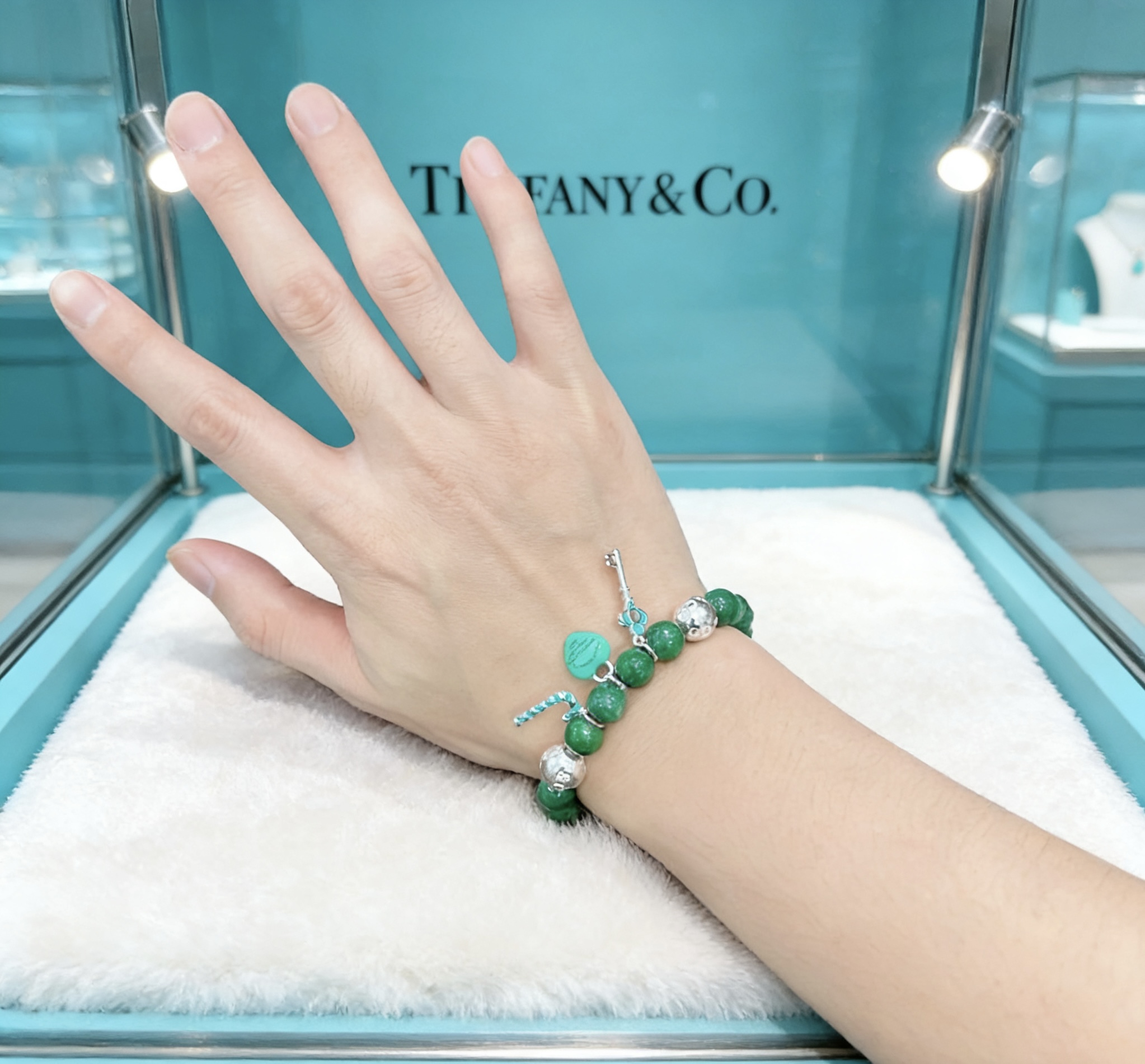 Tiffany Co Return to Tiffany Charm Bead Bracelet bracelet Sterling silver with dark green jade beads Tiffany Blue enamel accents 7 inches