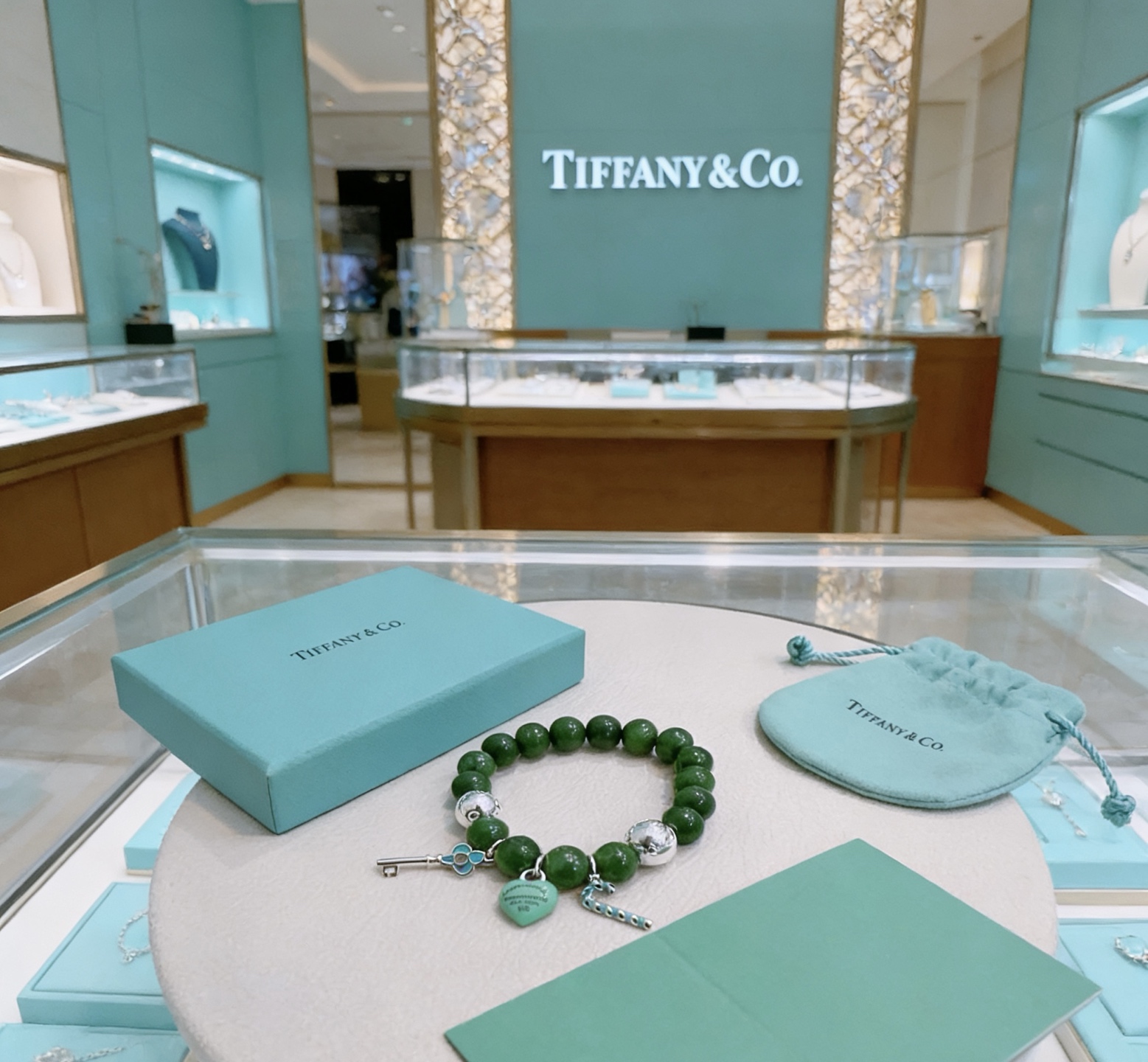 Tiffany Co Return to Tiffany Charm Bead Bracelet bracelet Sterling silver with dark green jade beads Tiffany Blue enamel accents 7 inches