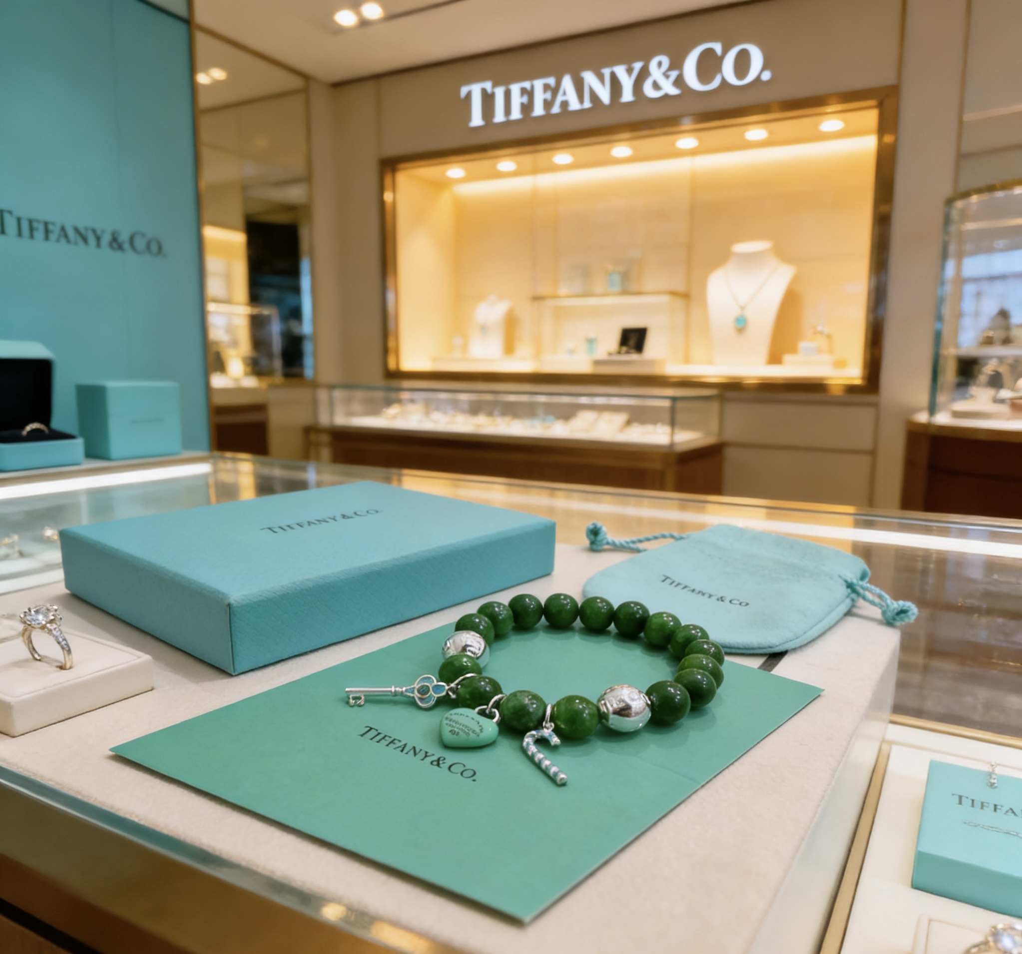 Tiffany Co Return to Tiffany Charm Bead Bracelet bracelet Sterling silver with dark green jade beads Tiffany Blue enamel accents 7 inches