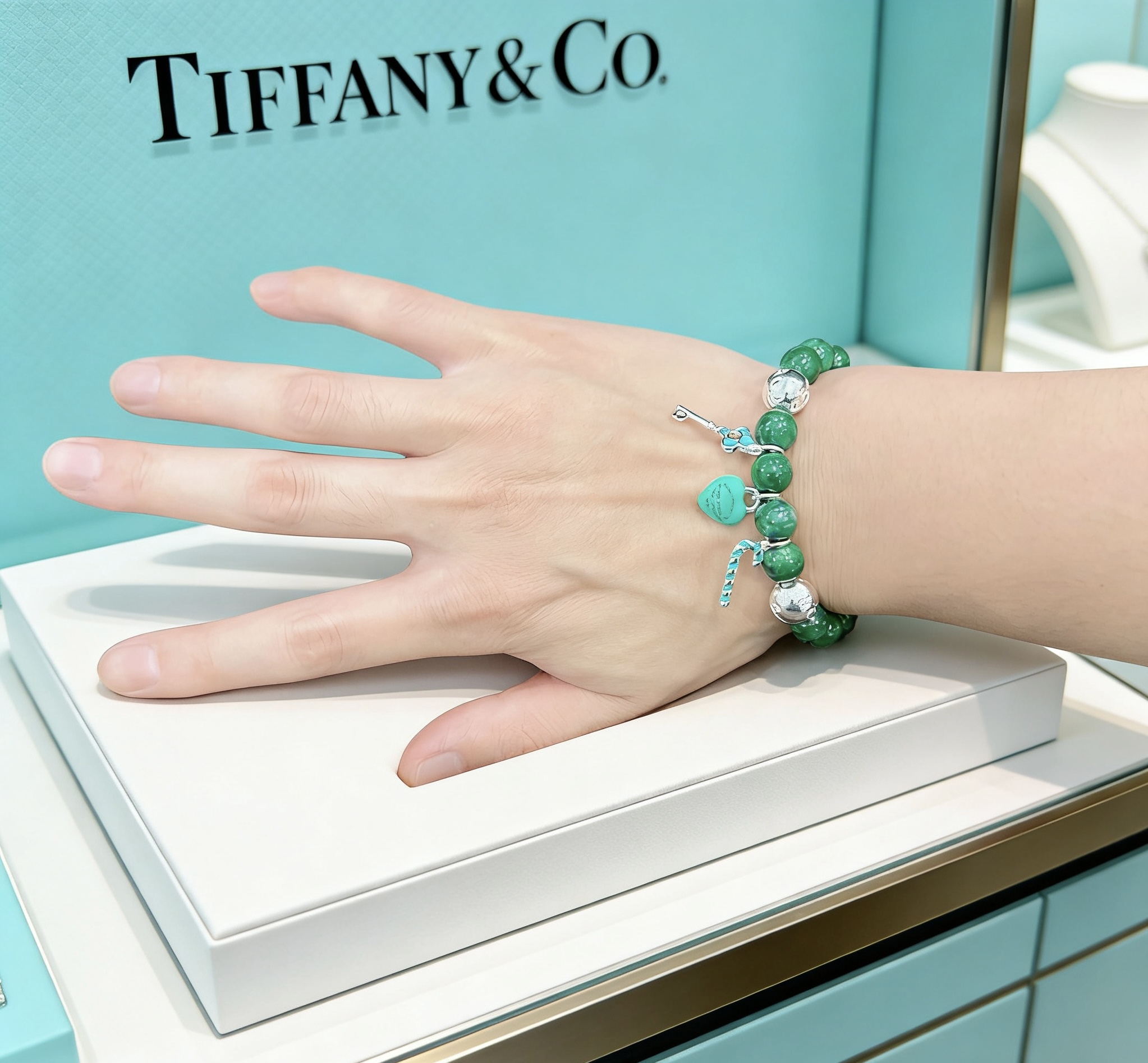 Tiffany Co Return to Tiffany Charm Bead Bracelet bracelet Sterling silver with dark green jade beads Tiffany Blue enamel accents 7 inches