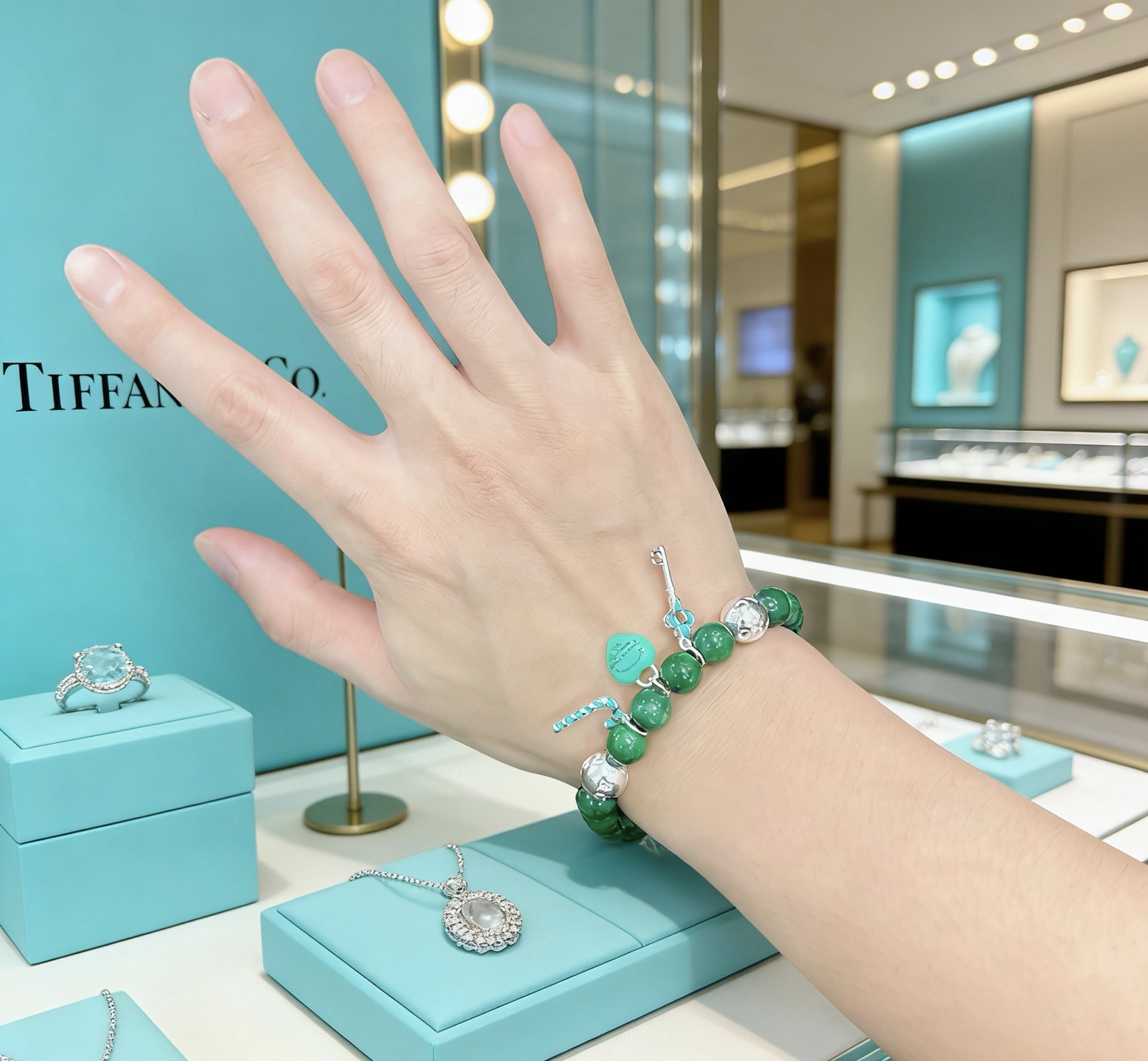Tiffany Co Return to Tiffany Charm Bead Bracelet bracelet Sterling silver with dark green jade beads Tiffany Blue enamel accents 7 inches