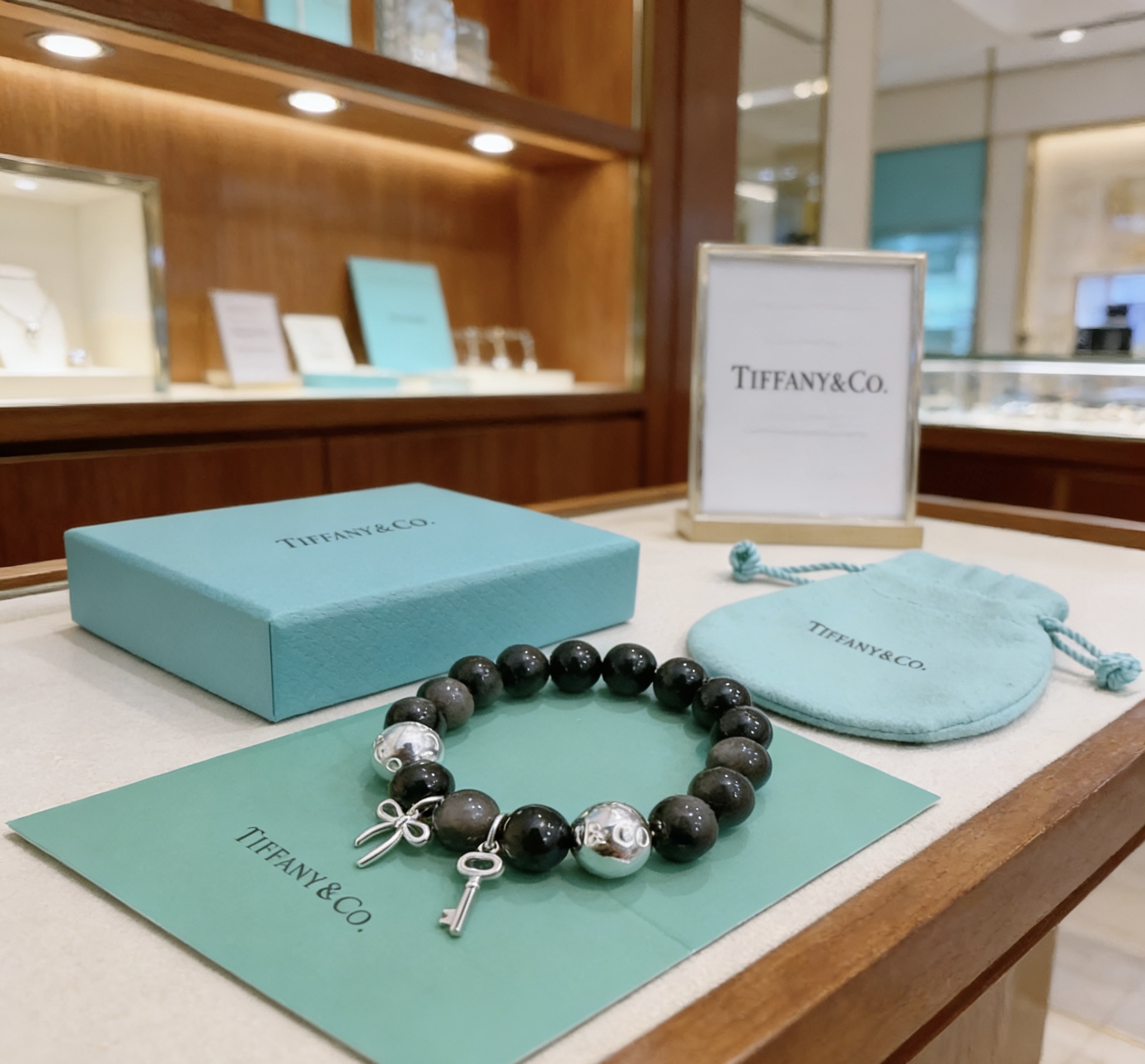 Tiffany Co Return to Tiffany Charm Bead Bracelet bracelet Sterling silver with black onyx and silver obsidian beads 18cm