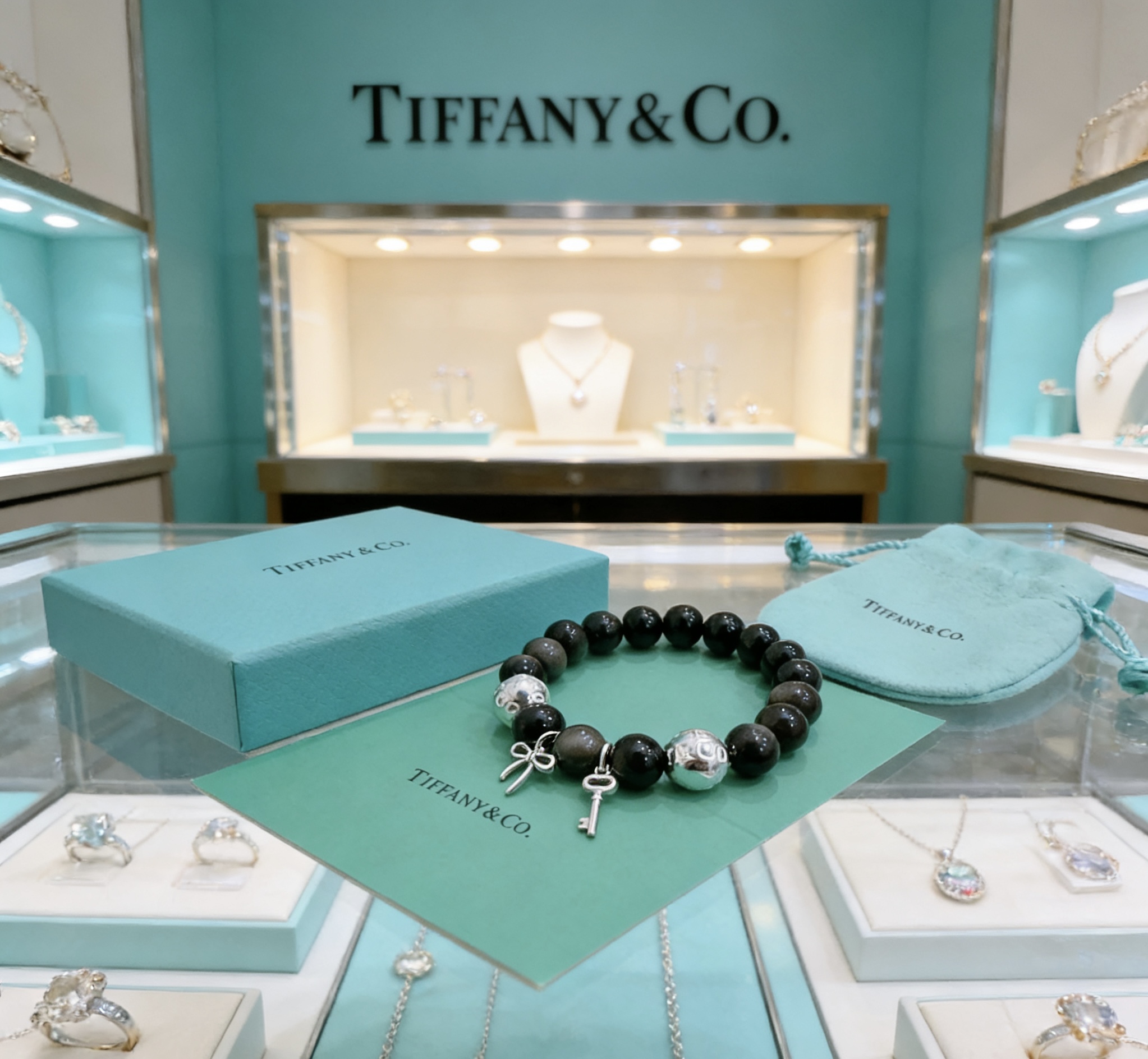 Tiffany Co Return to Tiffany Charm Bead Bracelet bracelet Sterling silver with black onyx and silver obsidian beads 18cm