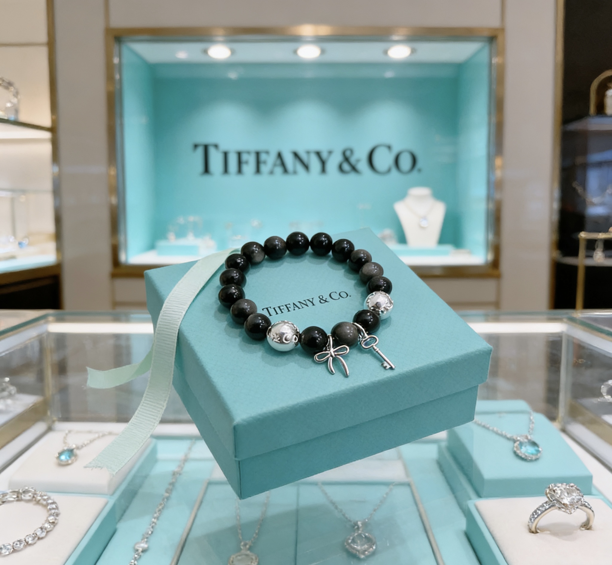 Tiffany Co Return to Tiffany Charm Bead Bracelet bracelet Sterling silver with black onyx and silver obsidian beads 18cm
