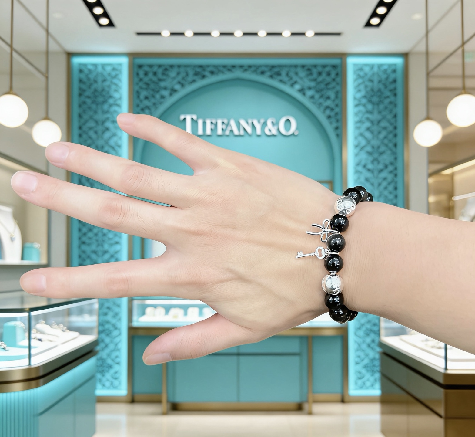 Tiffany Co Return to Tiffany Charm Bead Bracelet bracelet Sterling silver with black onyx and silver obsidian beads 18cm