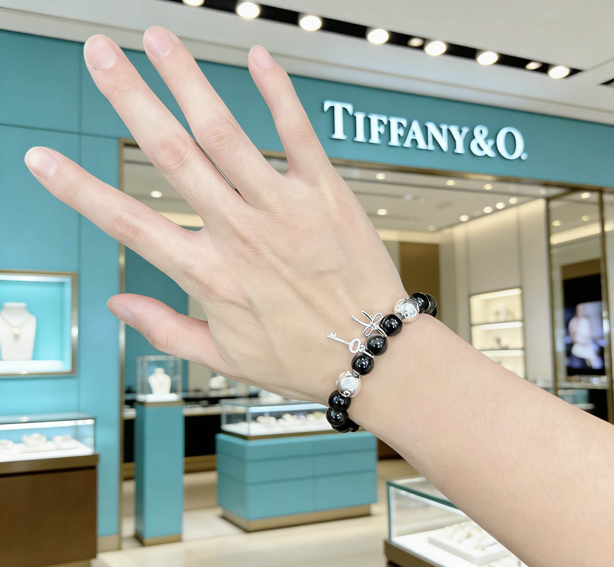 Tiffany Co Return to Tiffany Charm Bead Bracelet bracelet Sterling silver with black onyx and silver obsidian beads 18cm