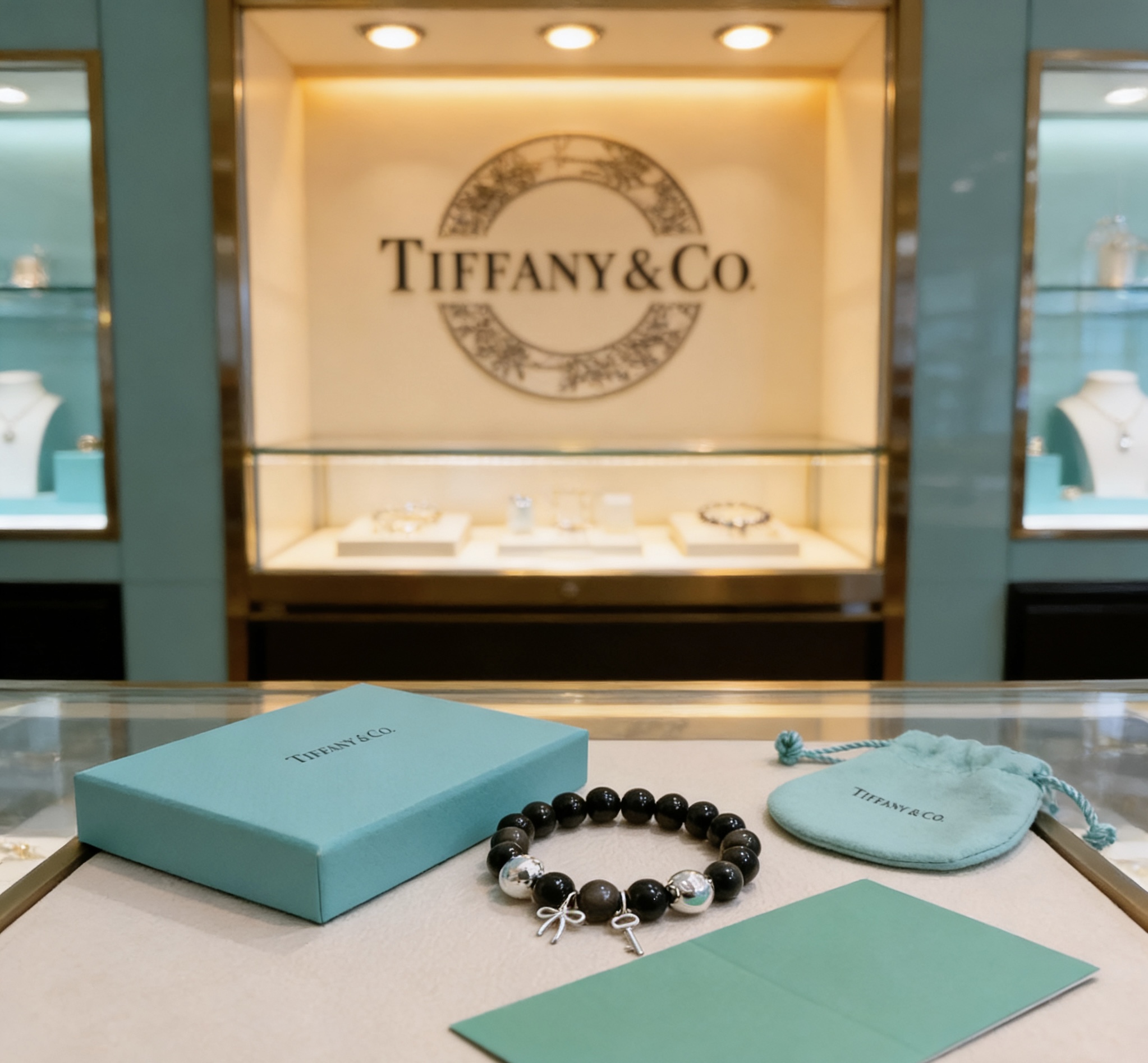 Tiffany Co Return to Tiffany Charm Bead Bracelet bracelet Sterling silver with black onyx and silver obsidian beads 18cm