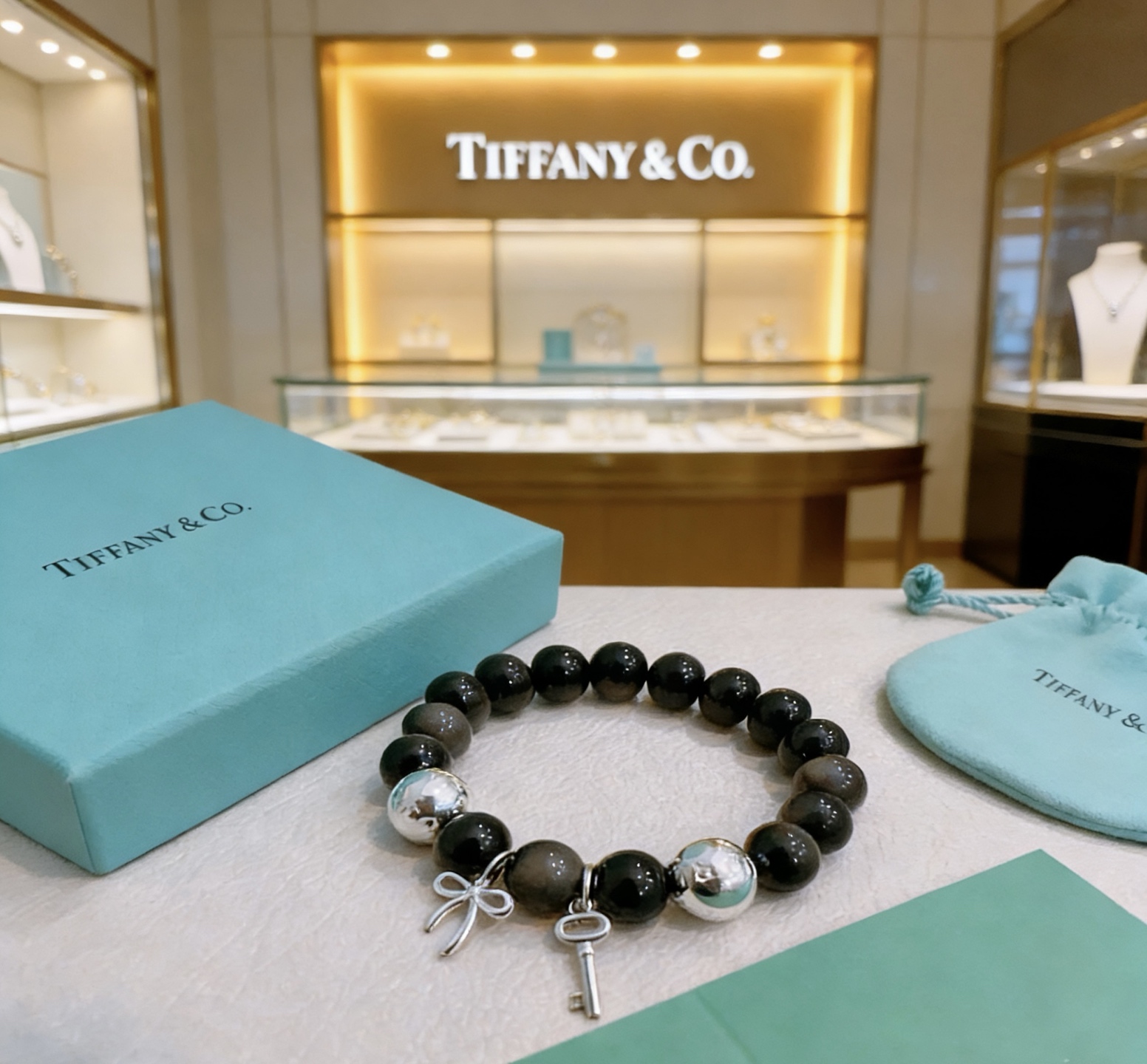 Tiffany Co Return to Tiffany Charm Bead Bracelet bracelet Sterling silver with black onyx and silver obsidian beads 18cm