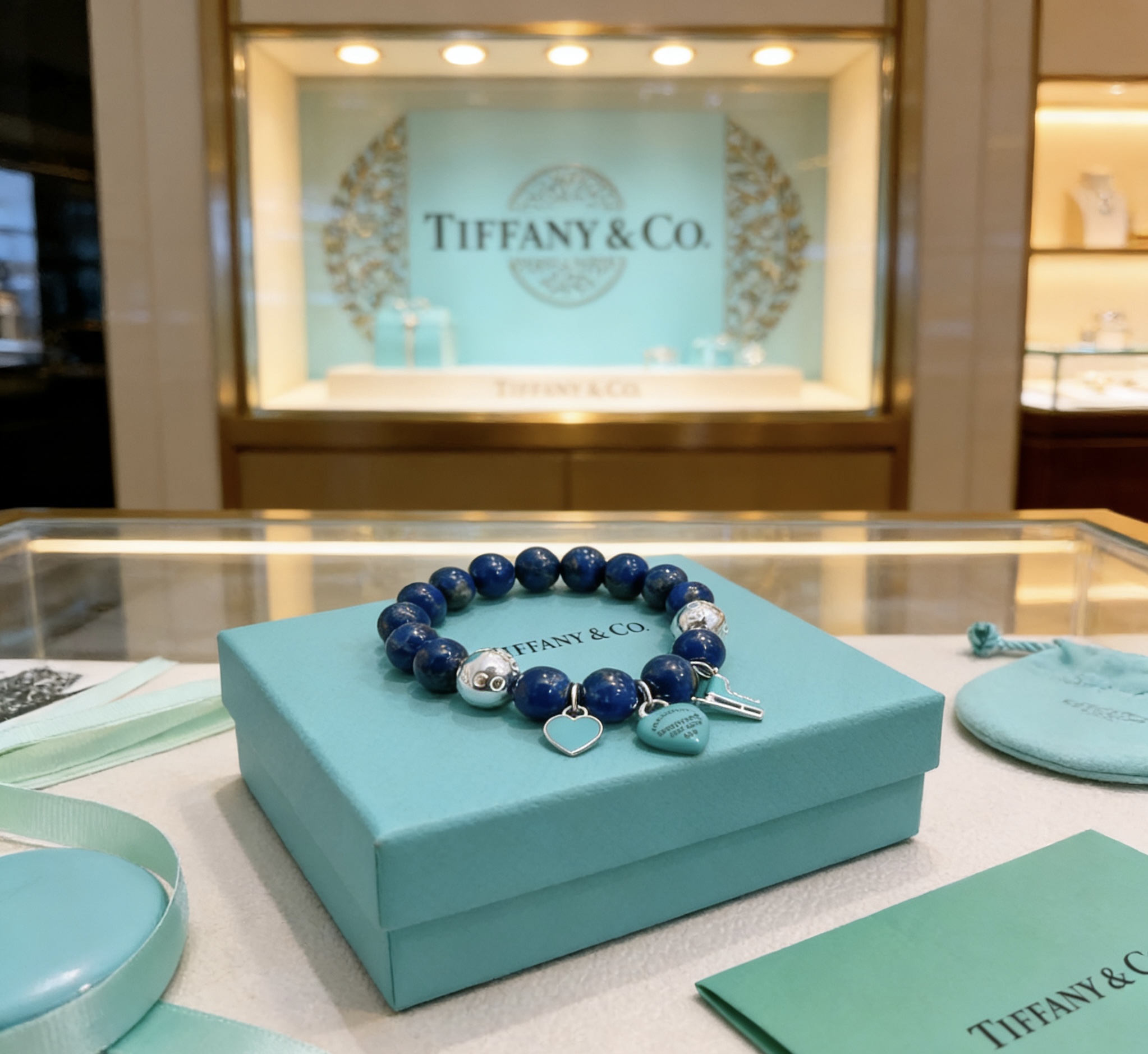 Tiffany Co Return to Tiffany Charm Bead Bracelet bracelet Sterling silver with deep blue lapis lazuli beads and signature Tiffany Blue enamel charms 18cm