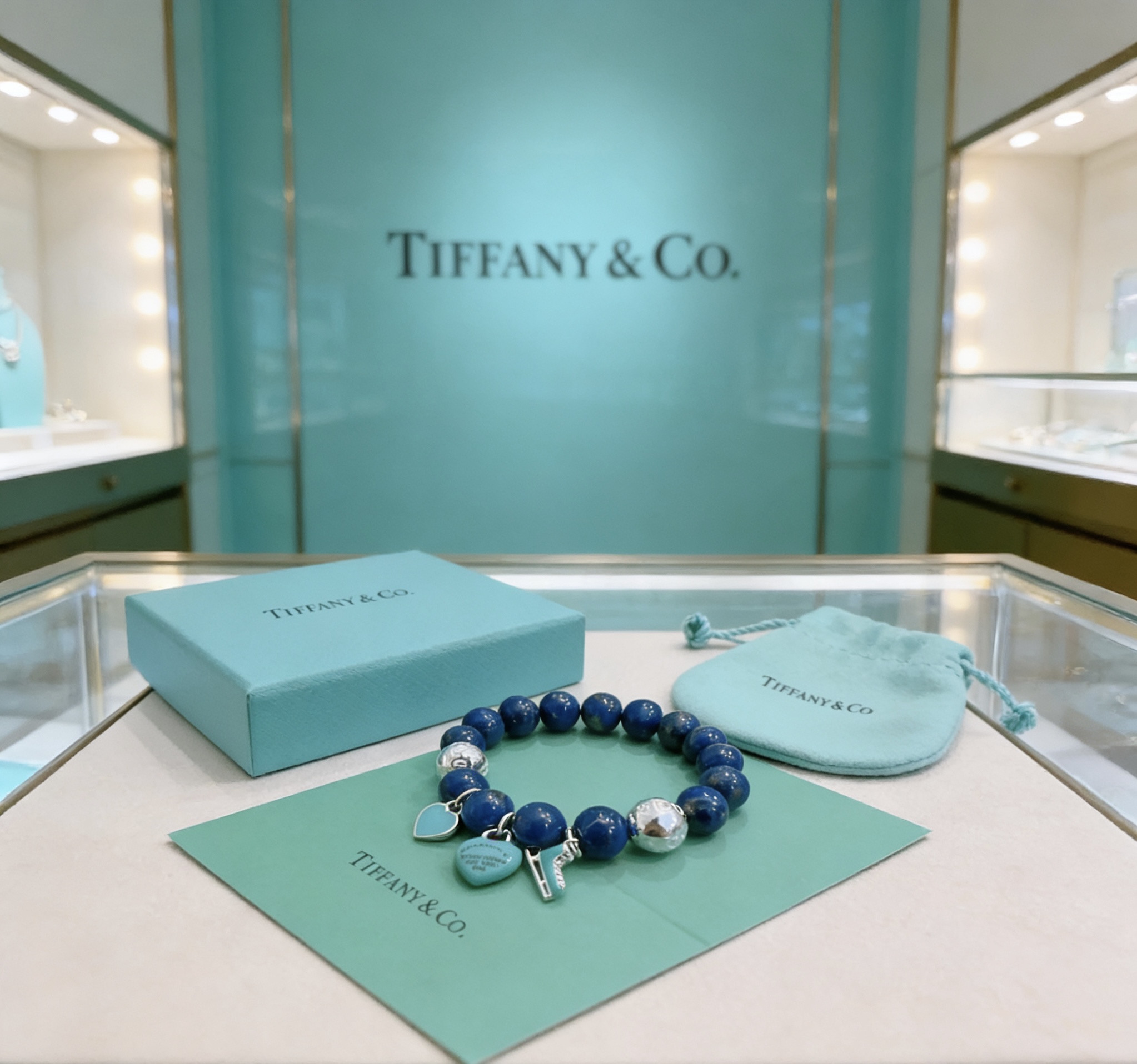 Tiffany Co Return to Tiffany Charm Bead Bracelet bracelet Sterling silver with deep blue lapis lazuli beads and signature Tiffany Blue enamel charms 18cm