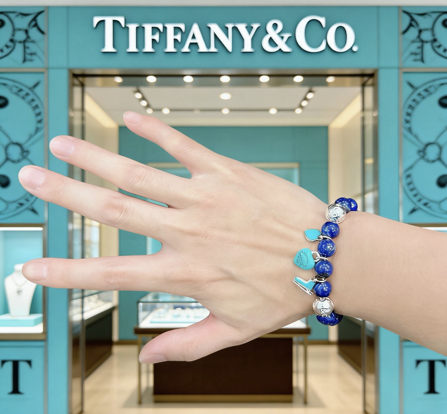 Tiffany Co Return to Tiffany Charm Bead Bracelet bracelet Sterling silver with deep blue lapis lazuli beads and signature Tiffany Blue enamel charms 18cm