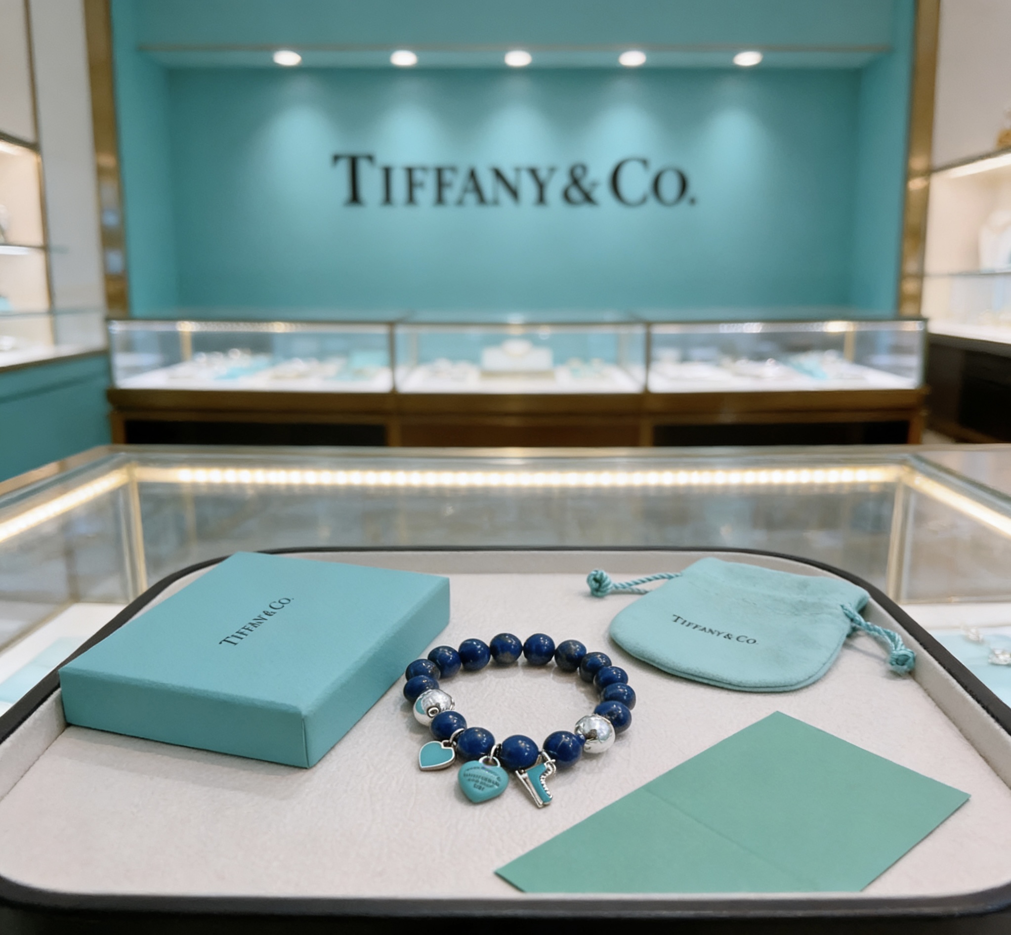 Tiffany Co Return to Tiffany Charm Bead Bracelet bracelet Sterling silver with deep blue lapis lazuli beads and signature Tiffany Blue enamel charms 18cm