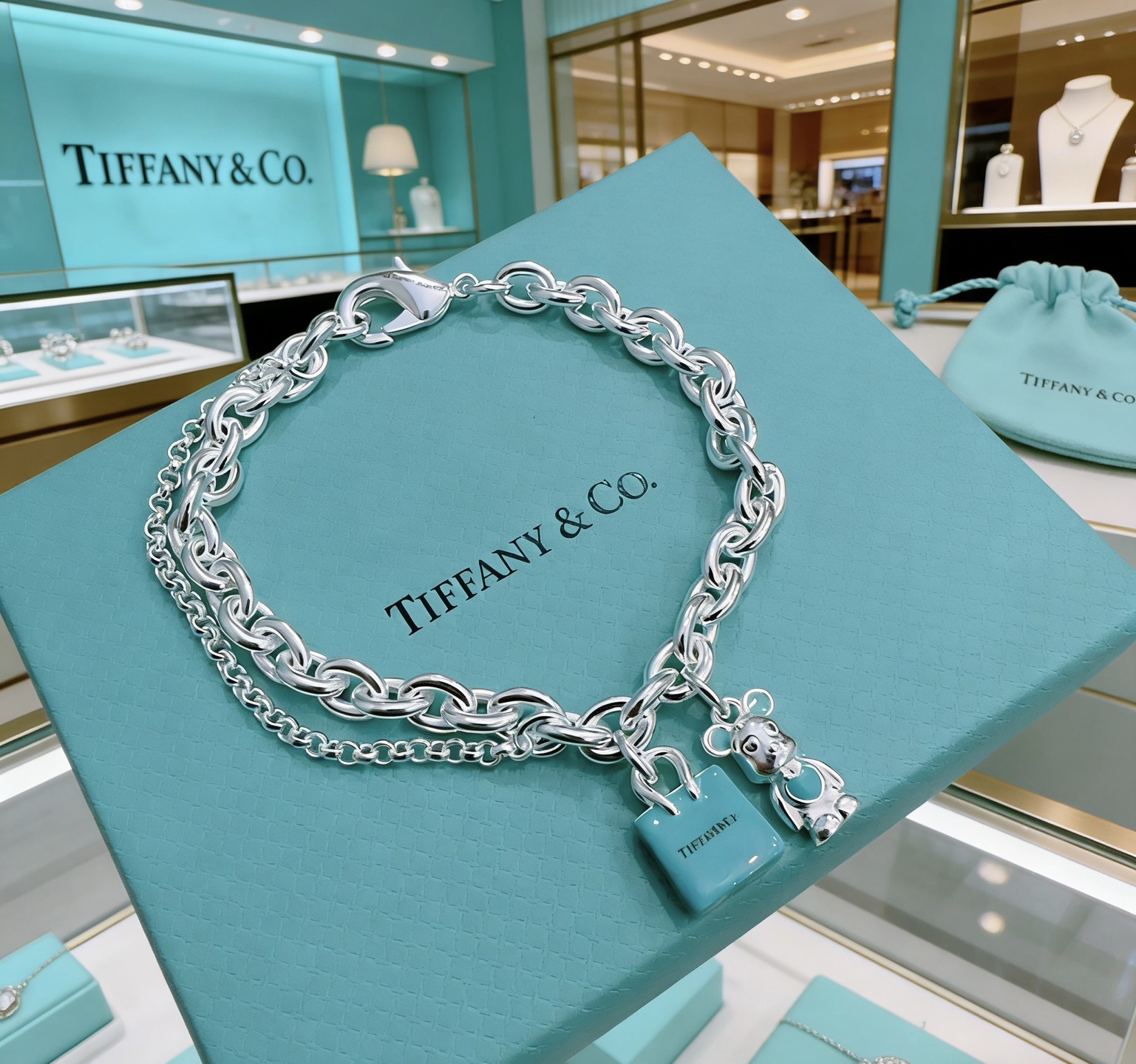 Tiffany Co Bearbrick Charm Bracelet bracelet Sterling silver with Tiffany Blue enamel accents 18cm