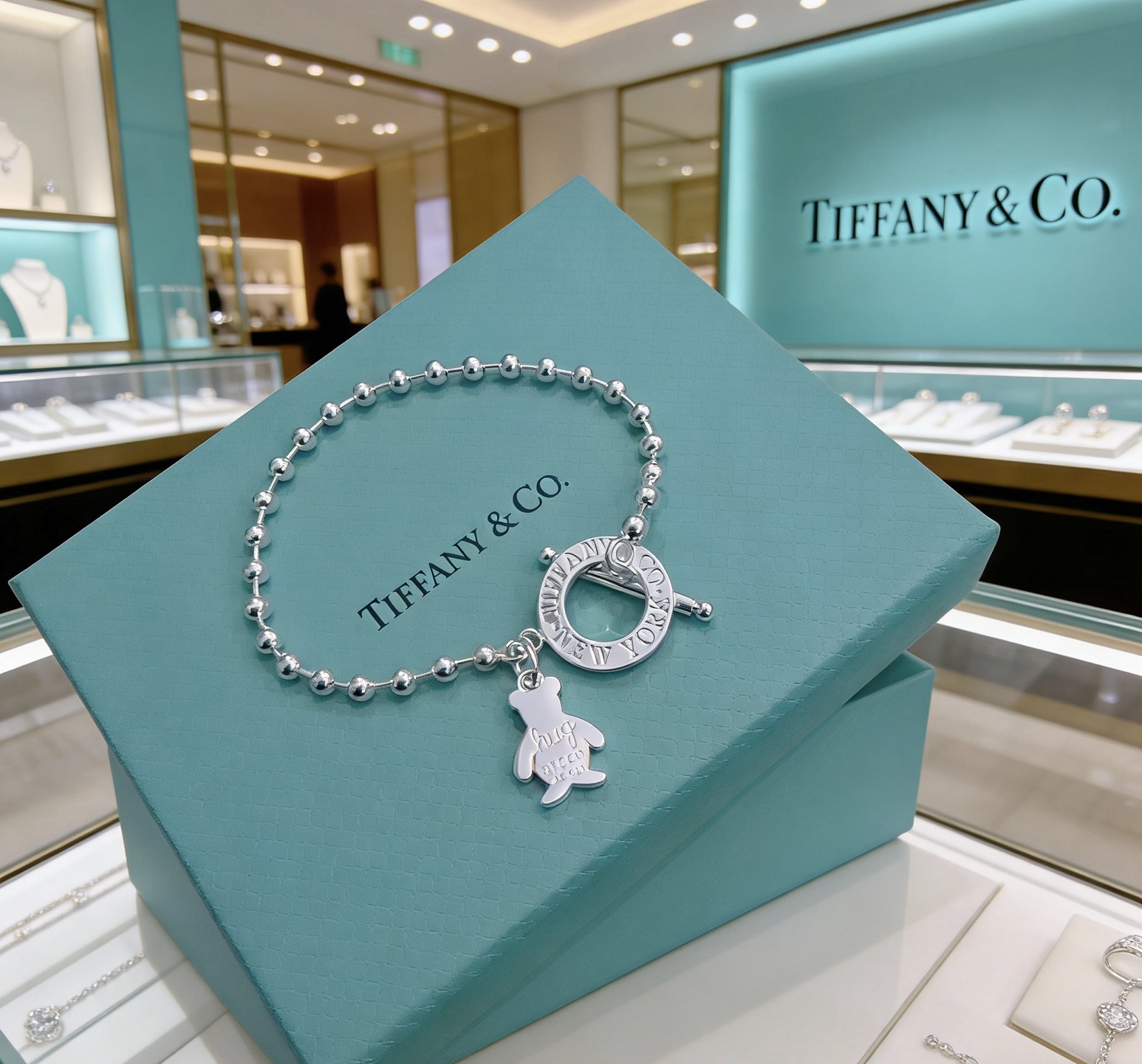 Tiffany Co Return to Tiffany Hug Bear Beaded Toggle Bracelet bracelet Sterling silver metal with brown enamel bear charm 7 inches