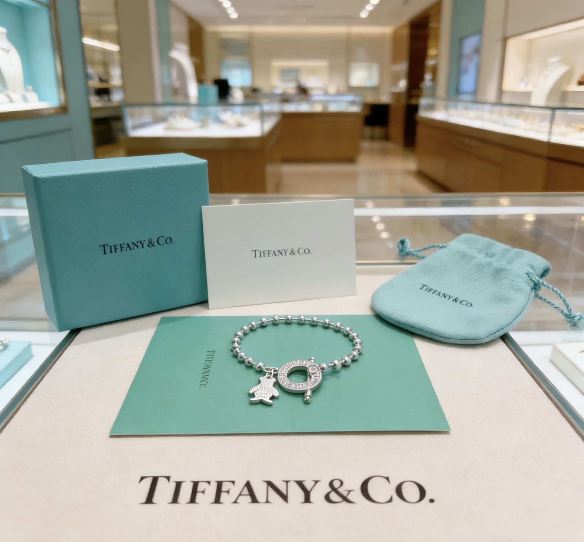 Tiffany Co Return to Tiffany Hug Bear Beaded Toggle Bracelet bracelet Sterling silver metal with brown enamel bear charm 7 inches