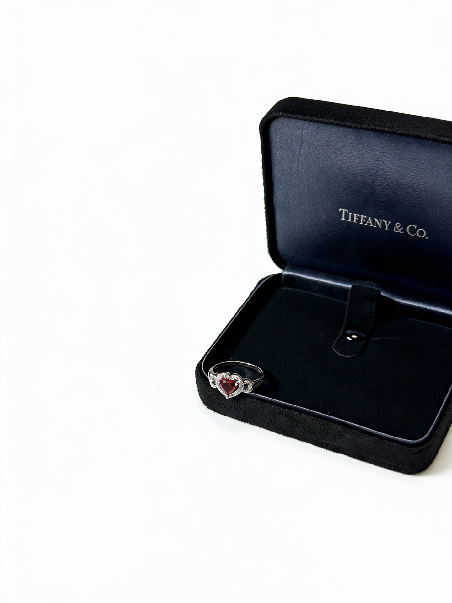 Tiffany Co Heart Gemstone Halo Ring ring Sterling silver metal deep red center gemstone clear white accent stones US 7