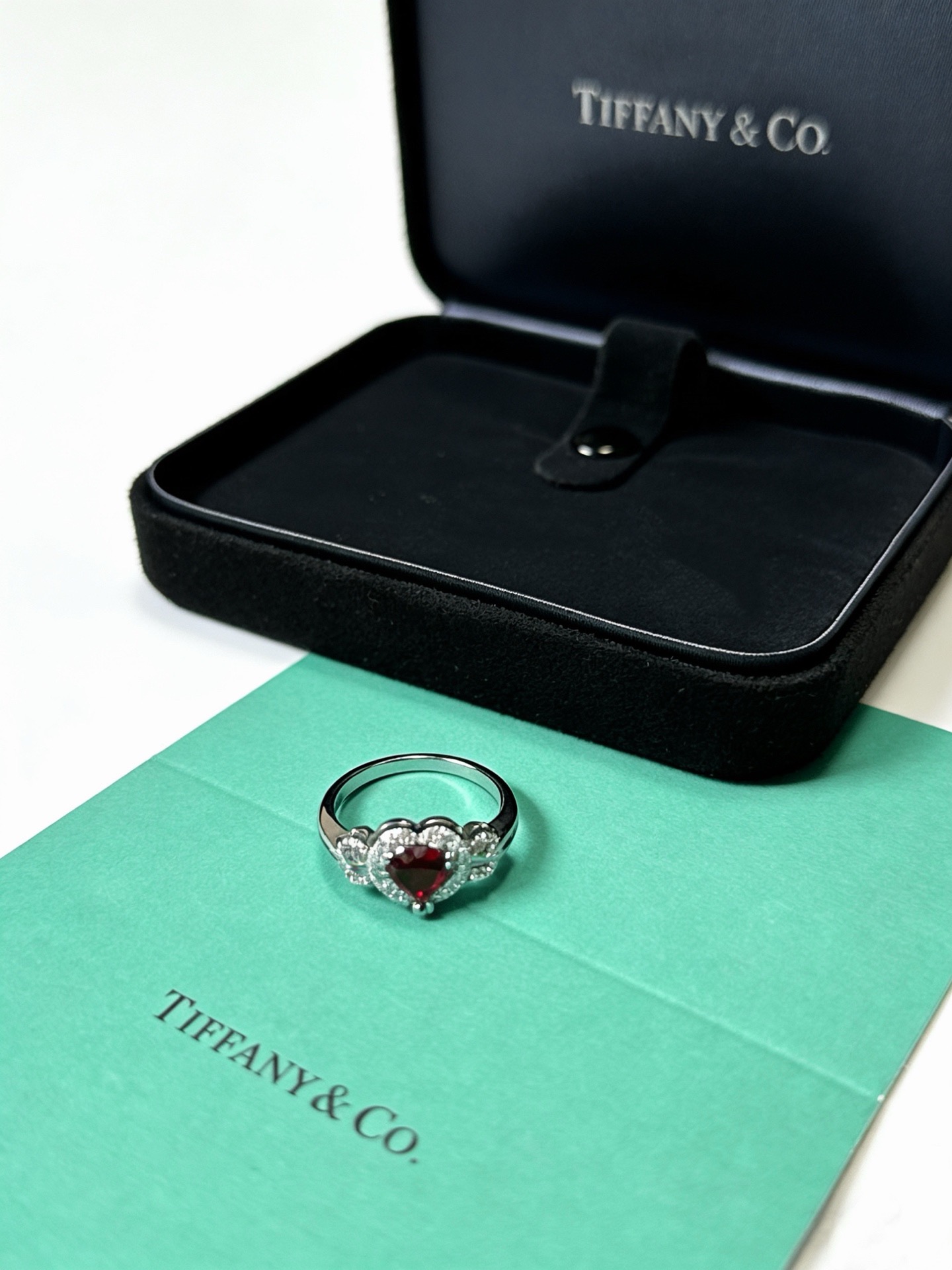 Tiffany Co Heart Gemstone Halo Ring ring Sterling silver metal deep red center gemstone clear white accent stones US 7