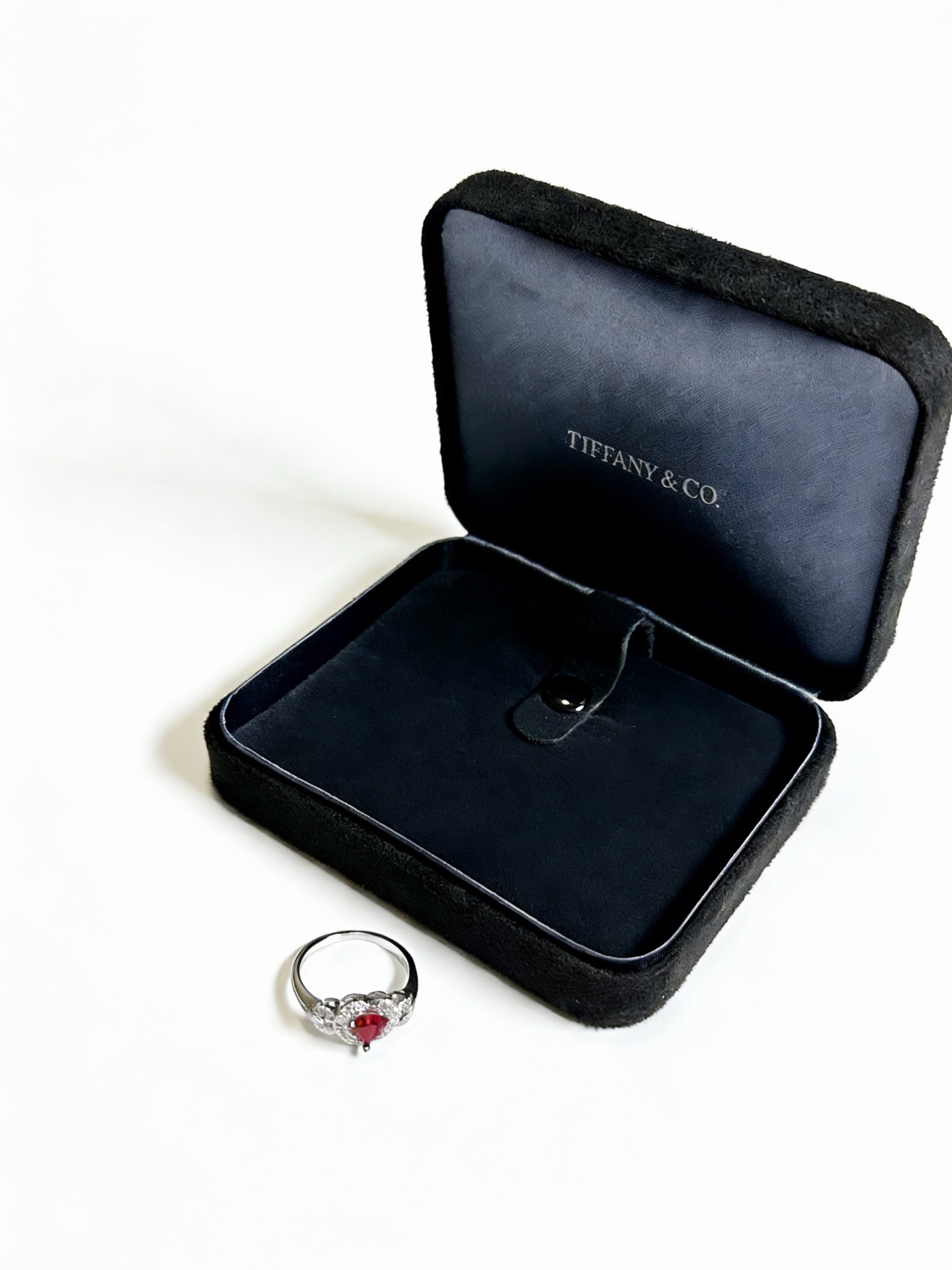 Tiffany Co Heart Gemstone Halo Ring ring Sterling silver metal deep red center gemstone clear white accent stones US 7