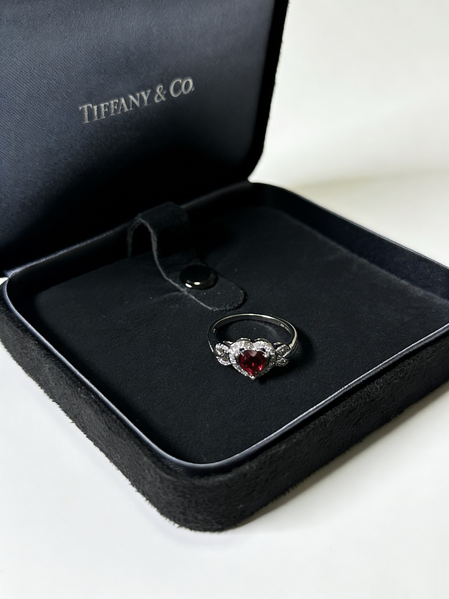 Tiffany Co Heart Gemstone Halo Ring ring Sterling silver metal deep red center gemstone clear white accent stones US 7