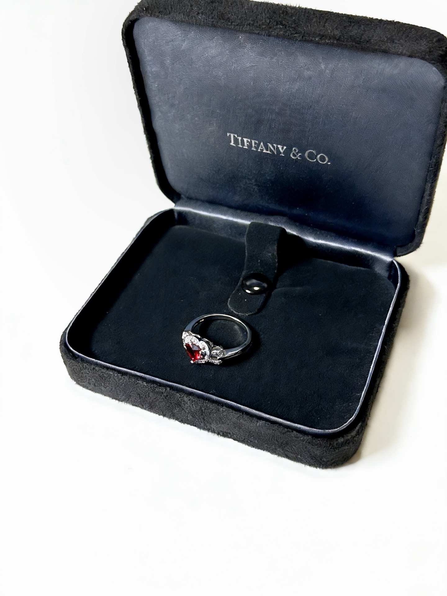 Tiffany Co Heart Gemstone Halo Ring ring Sterling silver metal deep red center gemstone clear white accent stones US 7